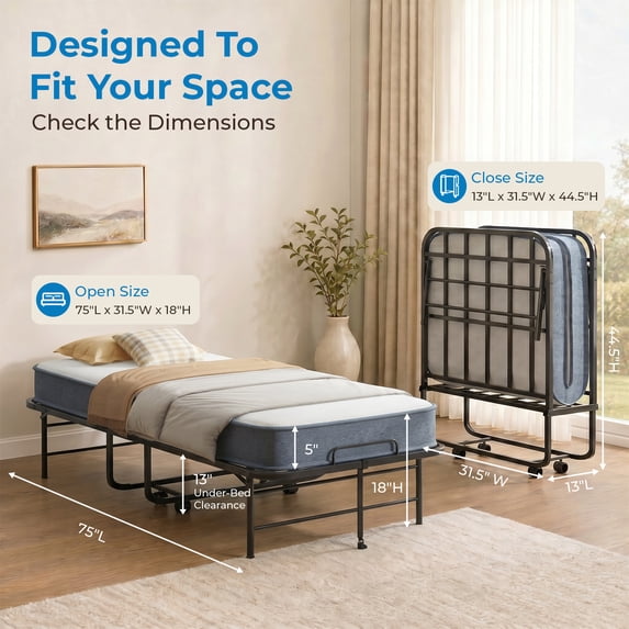 Mjkone Folding Bed with Mattress,75" x 38"Rollaway Bed for Adults with Dust Cover,Twin Size Rollaway Bed with Lockable Wheels for Small Space