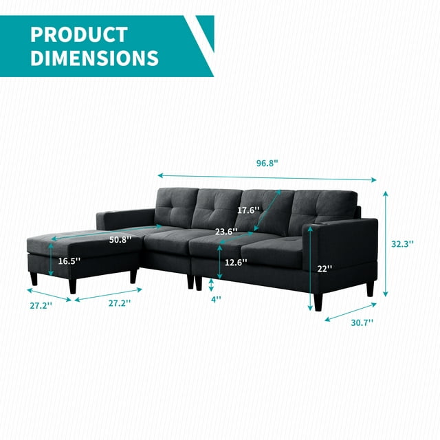 Cecer Reversible Sectional Sofa, 4 Seat L-Shape Sofa Couches for Living Room