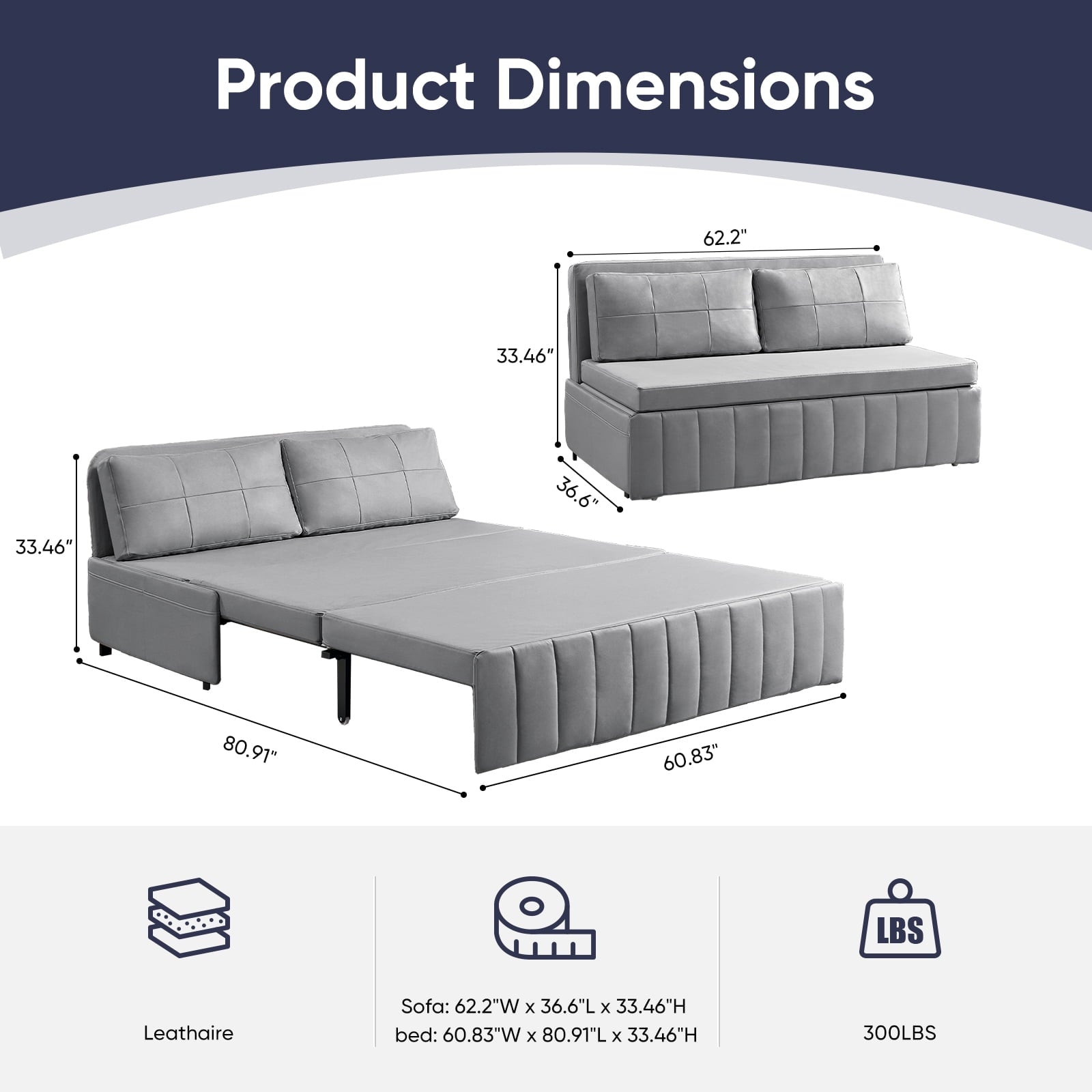 Mjkone 62’’ Leathaire Pull Out Sofa Bed, Loveseat Convertible Sleeper Sofa for Small Living Room/Apartment,