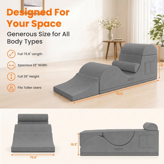 Mjkone Convertible Yoga Chair for Adults,Velvet Yoga Chaise Lounge with Lumbar Pillow,Ergonomic Foam Lounge with Side Pocket,