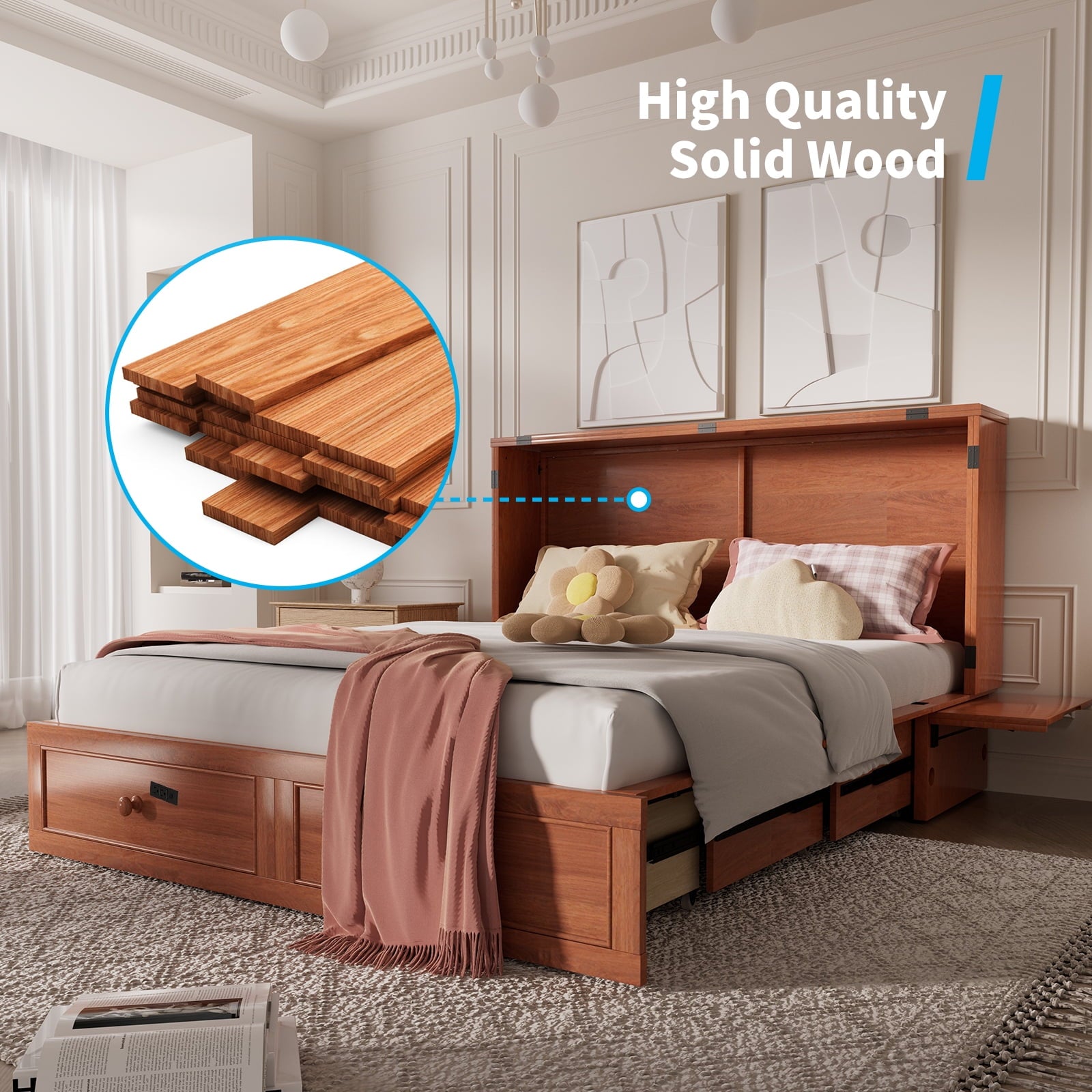 Puremind Queen Size Murphy Bed with Mattress, Murphy Cube Cabinet Bed with USB Charging Station and Large Storage Drawer, Murphy Chest Bed for Small Guest Room/Home/Office,