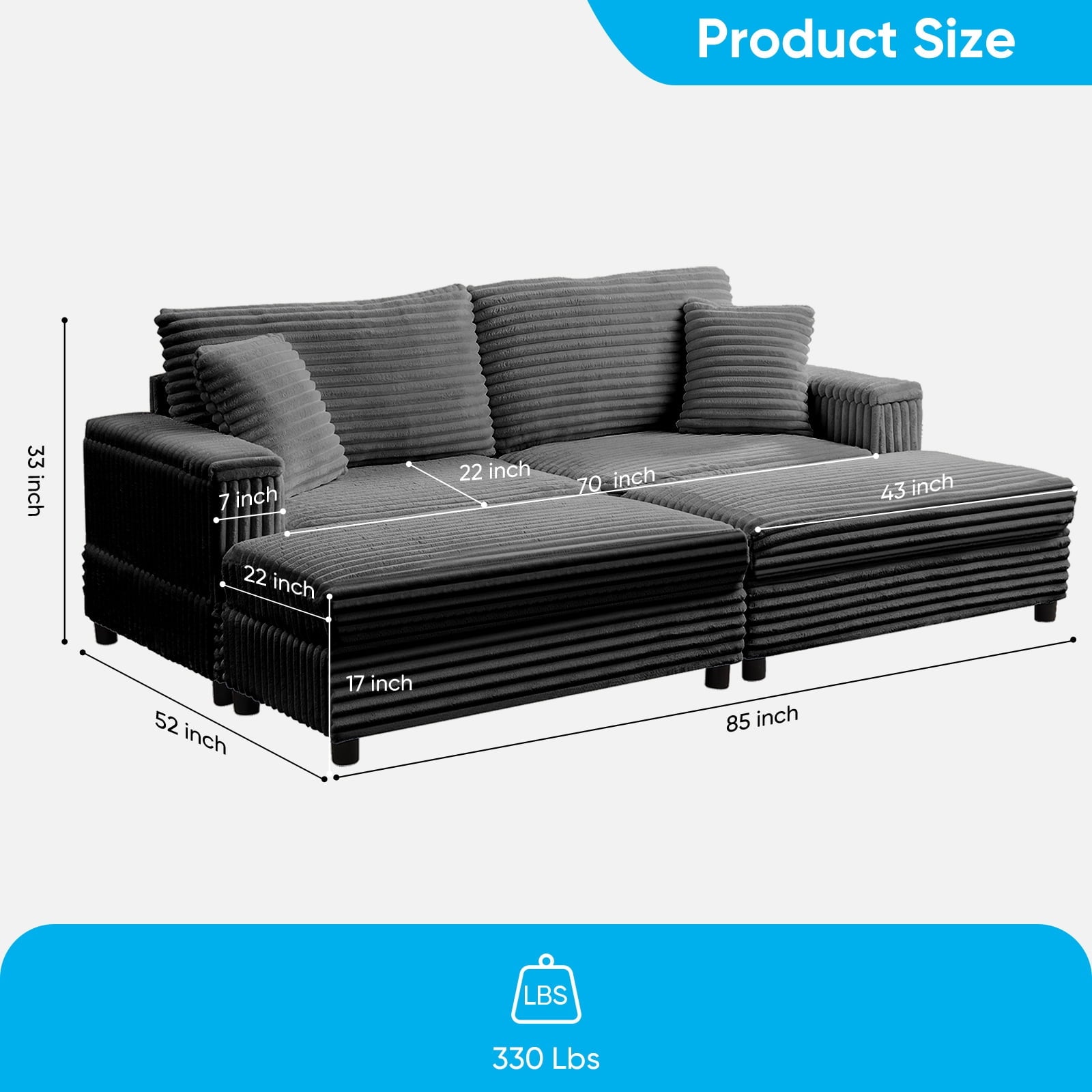 Mjkone 85’’ Loveseat Sectional Sofa with 2 Ottoman,Corduroy Deep Seat Couch with Storage Armrests Living Room Furniture,