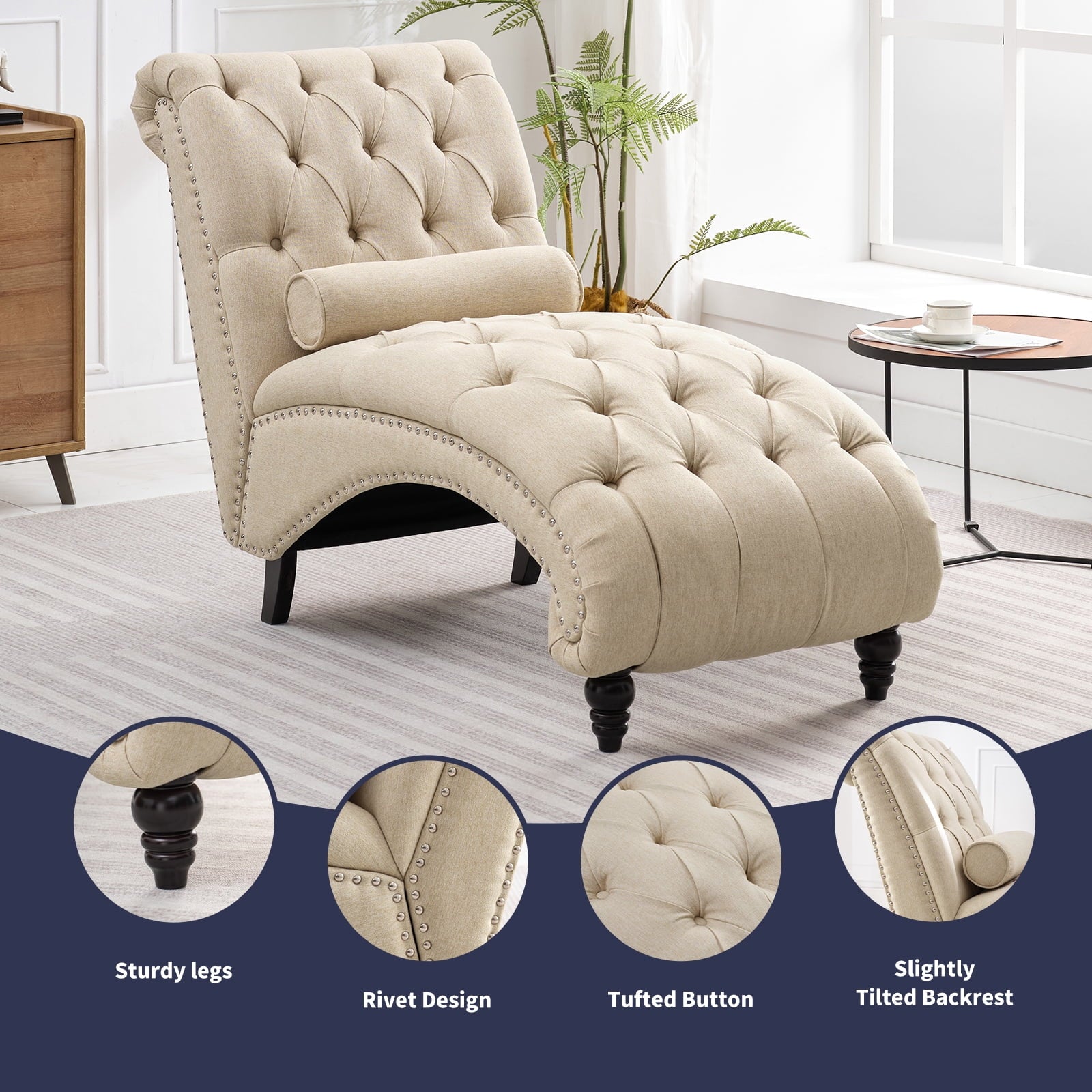 ZAFLY Chaise Lounge Indoor, Lounge Chair with Wood Legs, Leisure Accent Chair, Upholstered Lounge Couch for Bedrooom/Living Room