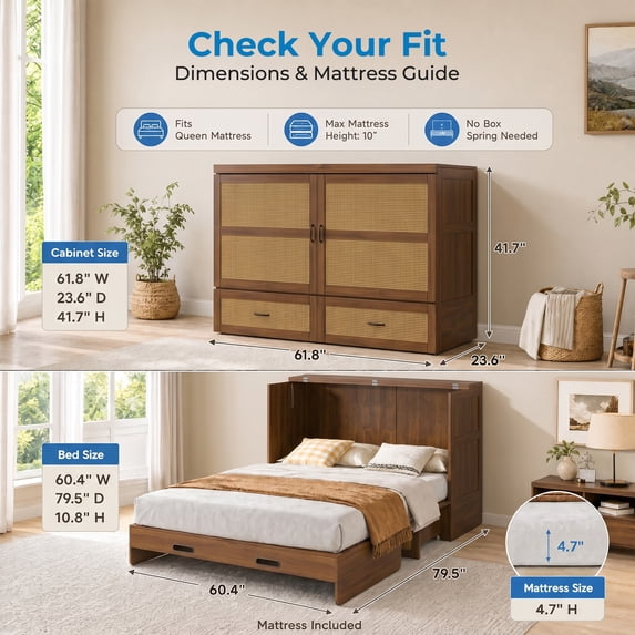 Mjkone Murphy Bed Queen with Mattress,Murphy Cabinet Bed with Rattan Panel and Charging Station,Multifunctional Storage Cabinet Beds for Bedroom