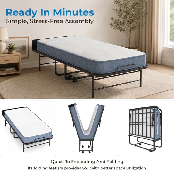 Mjkone Folding Bed with Mattress, Rollaway Fold Up Bed for Small Space, Foldable Bed with Lockable Wheels