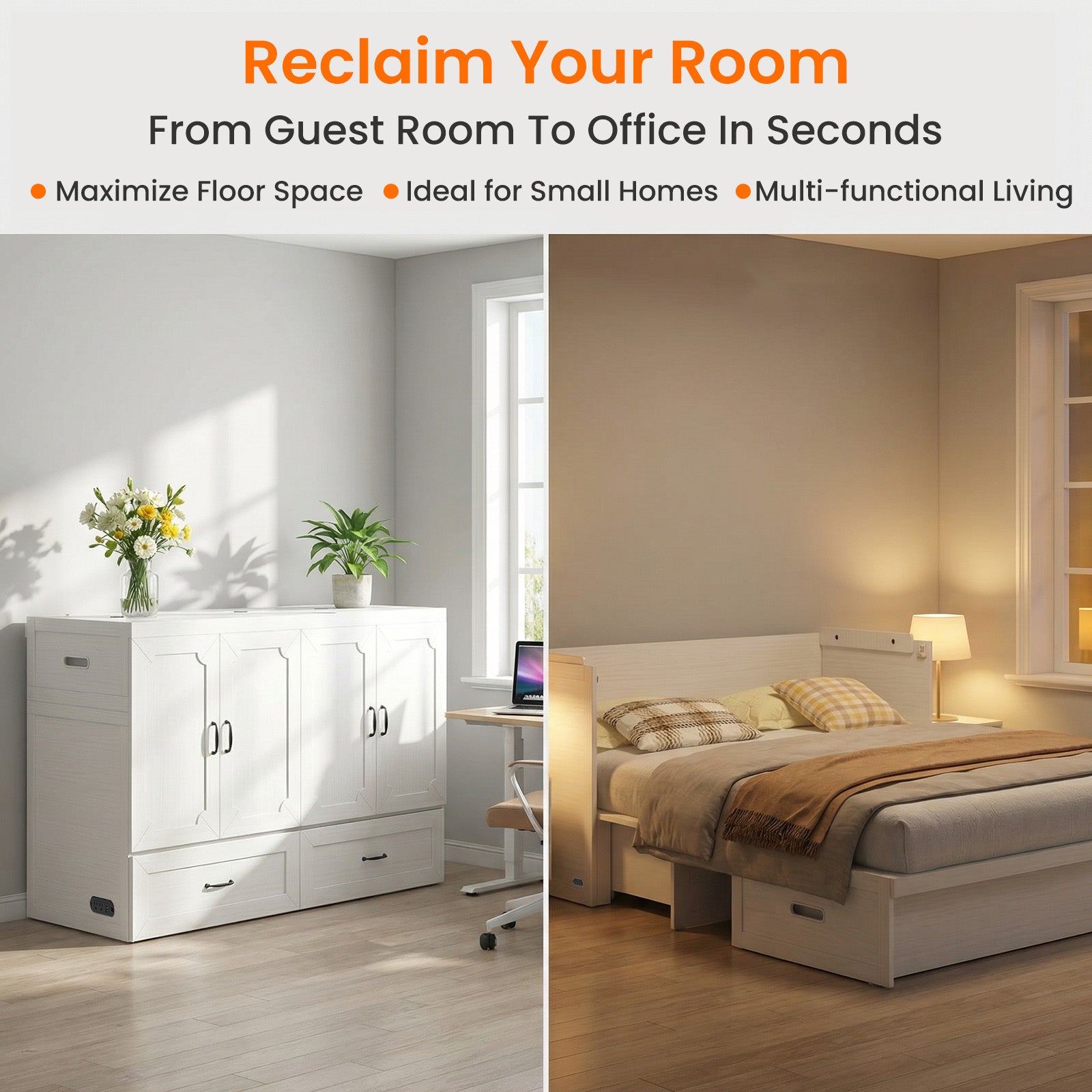 Puremind Queen Size Murphy Bed with Mattress, Murphy Cube Cabinet Bed with USB Charging Station and Storage Drawer, Murphy Chest Bed for Guest Room/Home/Office