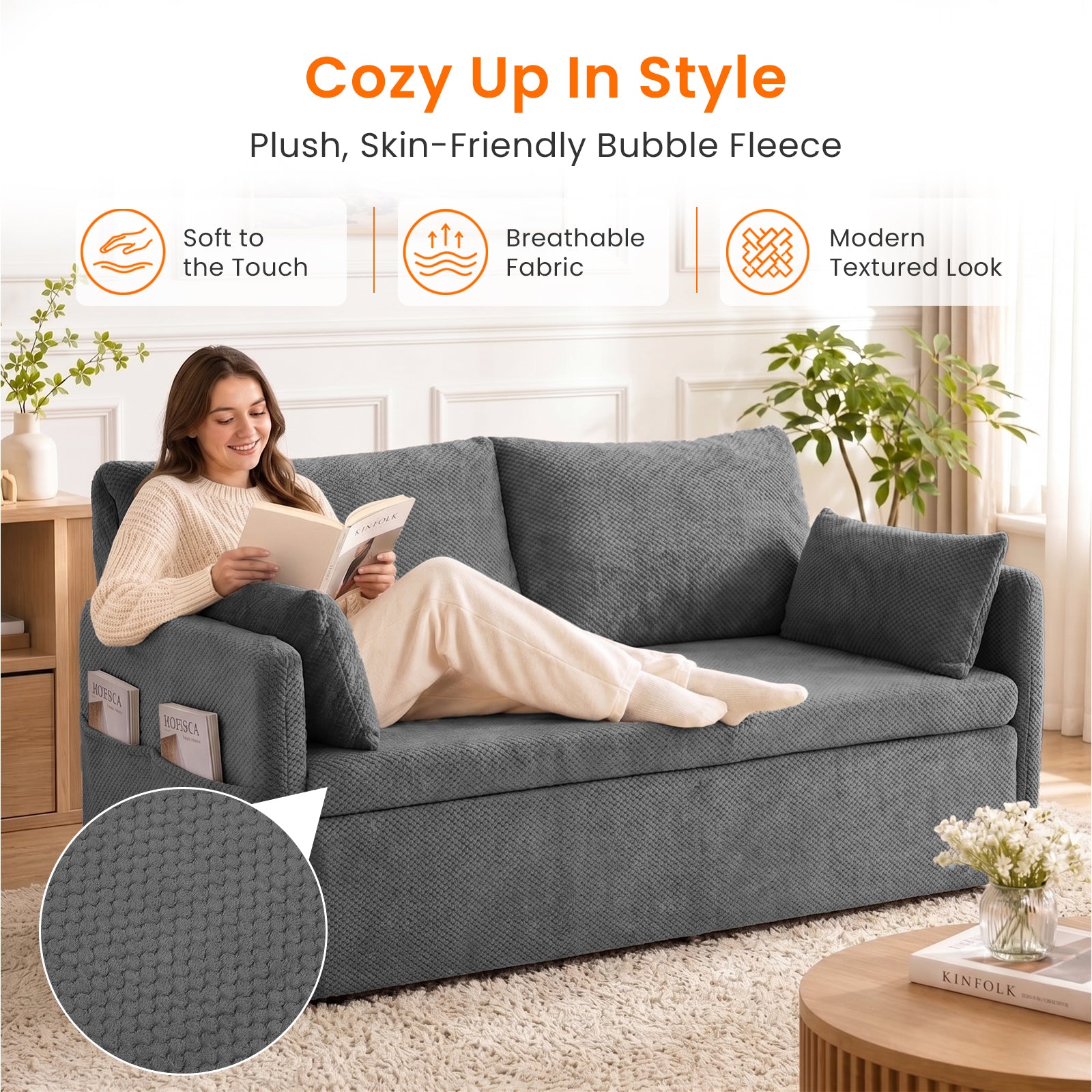 Puremind 66.5" Queen Pull Out Couch Bed with Adjustable Backrest, Bubble Fleece Convertible Sofa Bed with Side Pockets for Living Room/Apartment