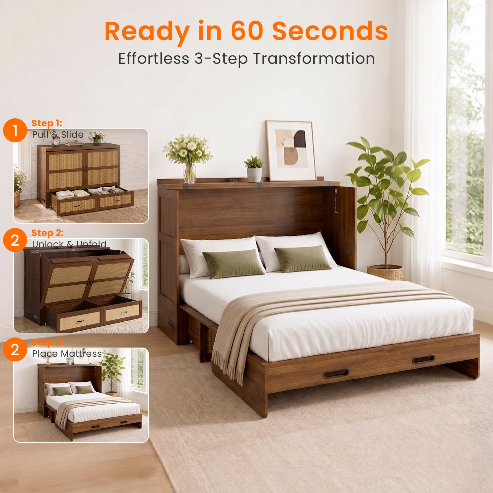 Puremind Queen Size Rattan Murphy Bed with Mattress, Hideaway Cabinet Bed with Charging Port and Storage Drawer for Home/Office