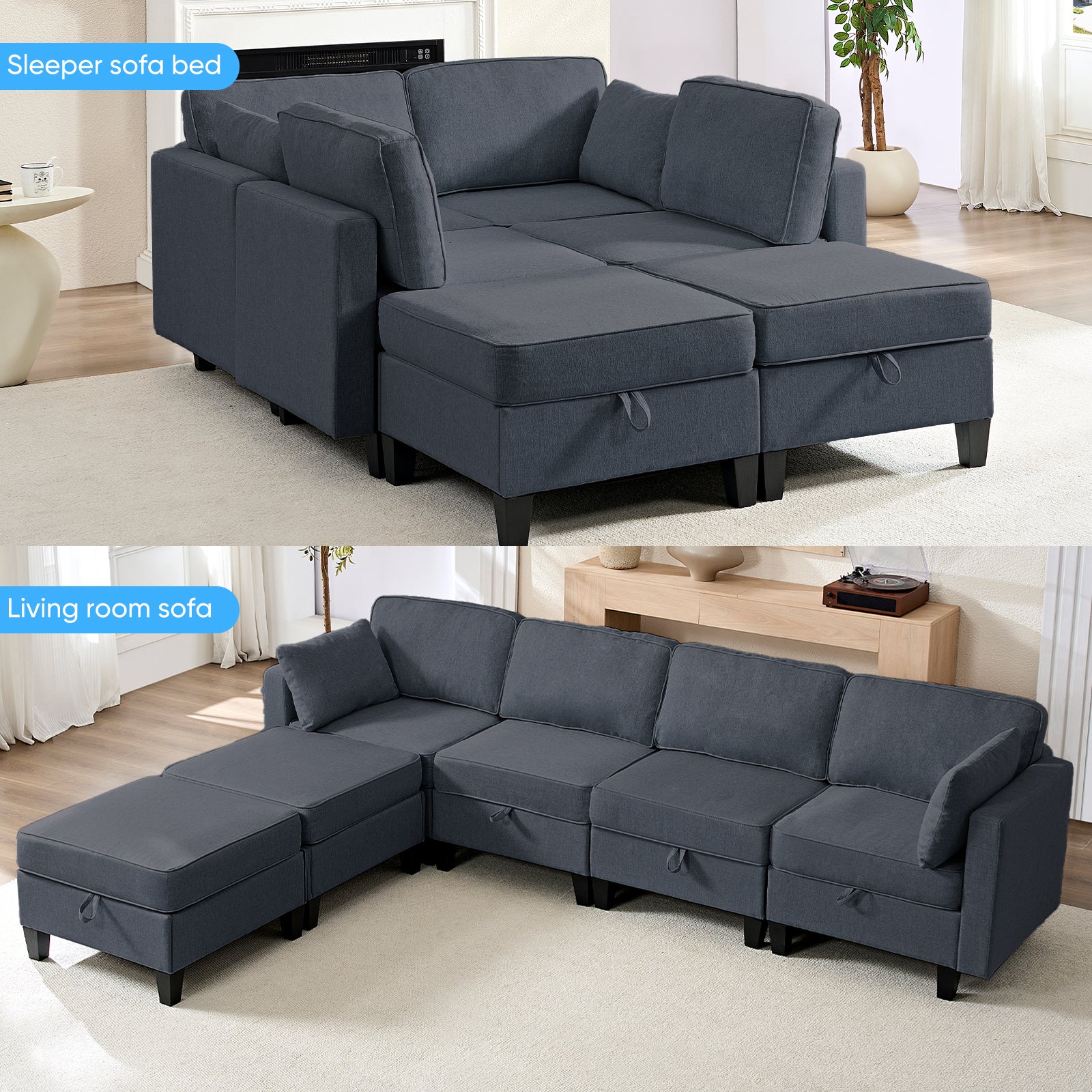Puremind 6 Piece Modular Sectional Sofa with Storage, U/L Shaped Sectional Couch with Movable Ottoman, Convertible Sleeper Sofa for Living Room/Apartment