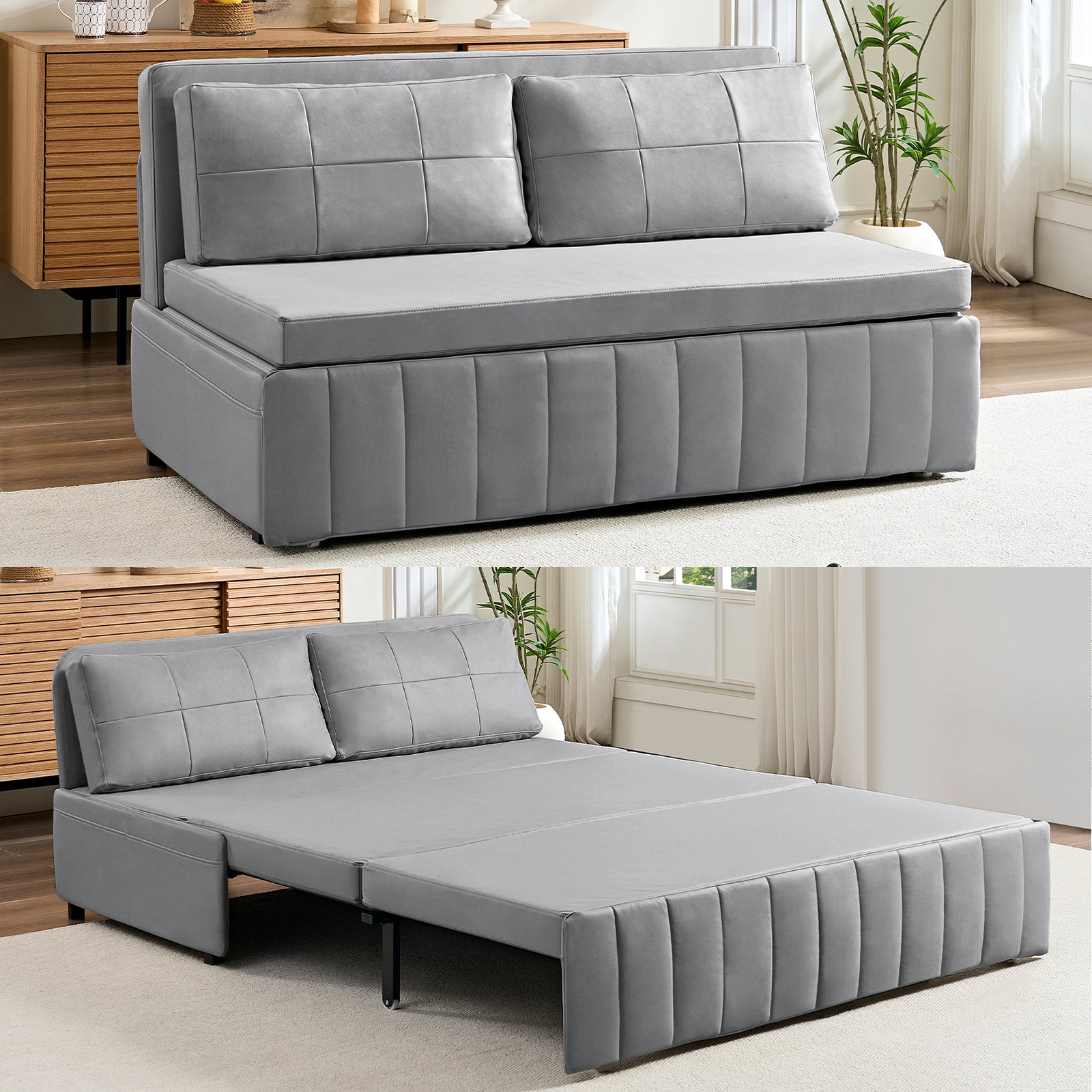 BALUS Queen Size Love Seat Sleeper Bed with Two Pillows, Leathaire, 3 in 1 Convertible Pull Out Couch for Apartment/ Living Room/ Bedroom