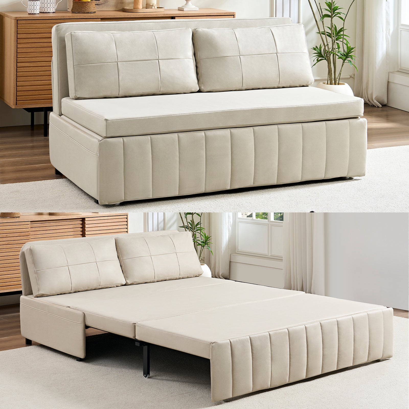 BALUS Queen Size Love Seat Sleeper Bed with Two Pillows, Leathaire, 3 in 1 Convertible Pull Out Couch for Apartment/ Living Room/ Bedroom
