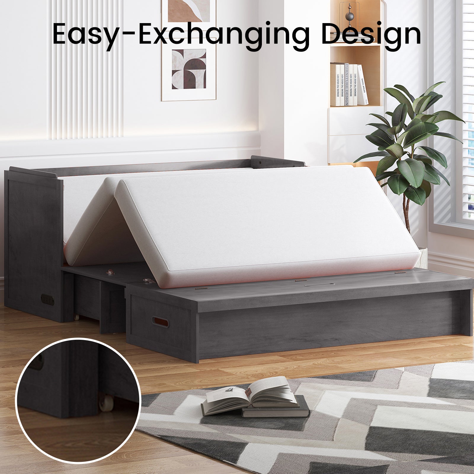 Puremind Queen Size Murphy Bed with Mattress Included, Cabinet Bed with USB Charging Ports and Drawer for Guest Room/Home/Office