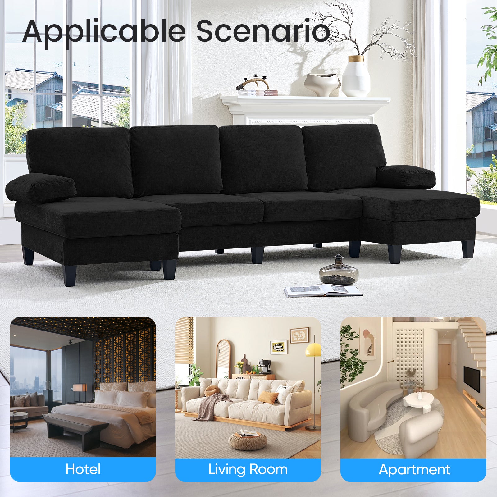 Puremind 110" U Shaped Sofa, Chenille Sectional Couch with Double Chaises, Modern 4 Seat Sofas and Couches for Living room/Apartment