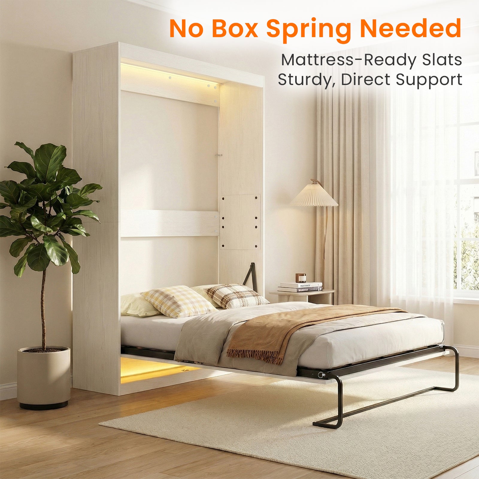 Puremind Murphy Bed with LED Lights, Hidden Murphy Wall Bed with Gas-Lift, Cabinet Bed for Bedroom/Guest Room, Without Mattress