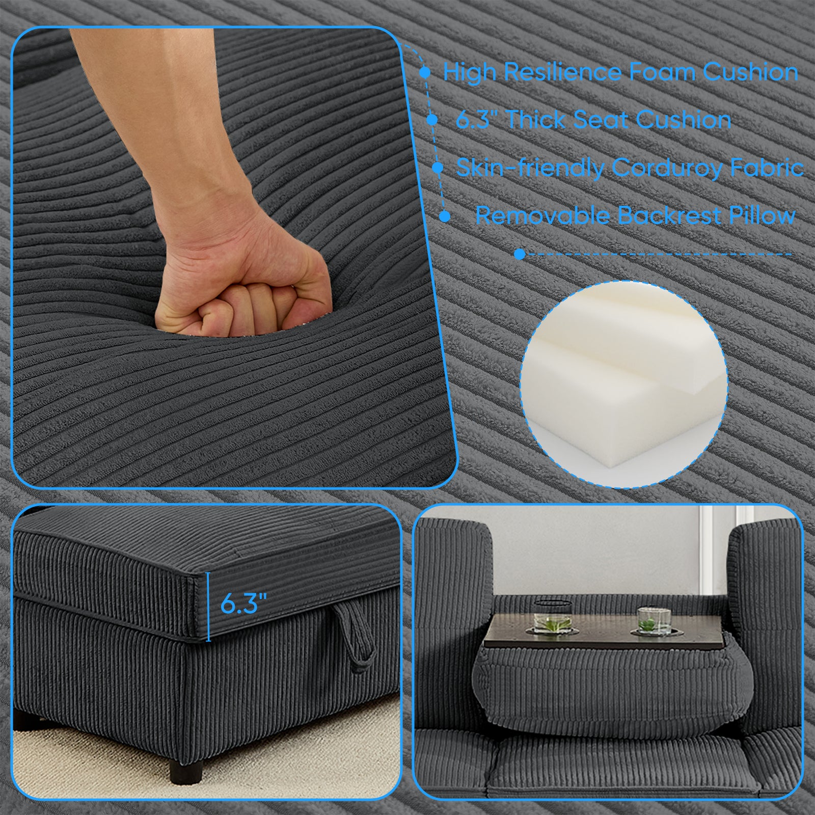 Puremind L Shaped Sectional Couch with Movable Storage Ottoman for Living Room, Corduroy U Shaped Sofa, Convertible Sleeper Sofa with Cup Holder