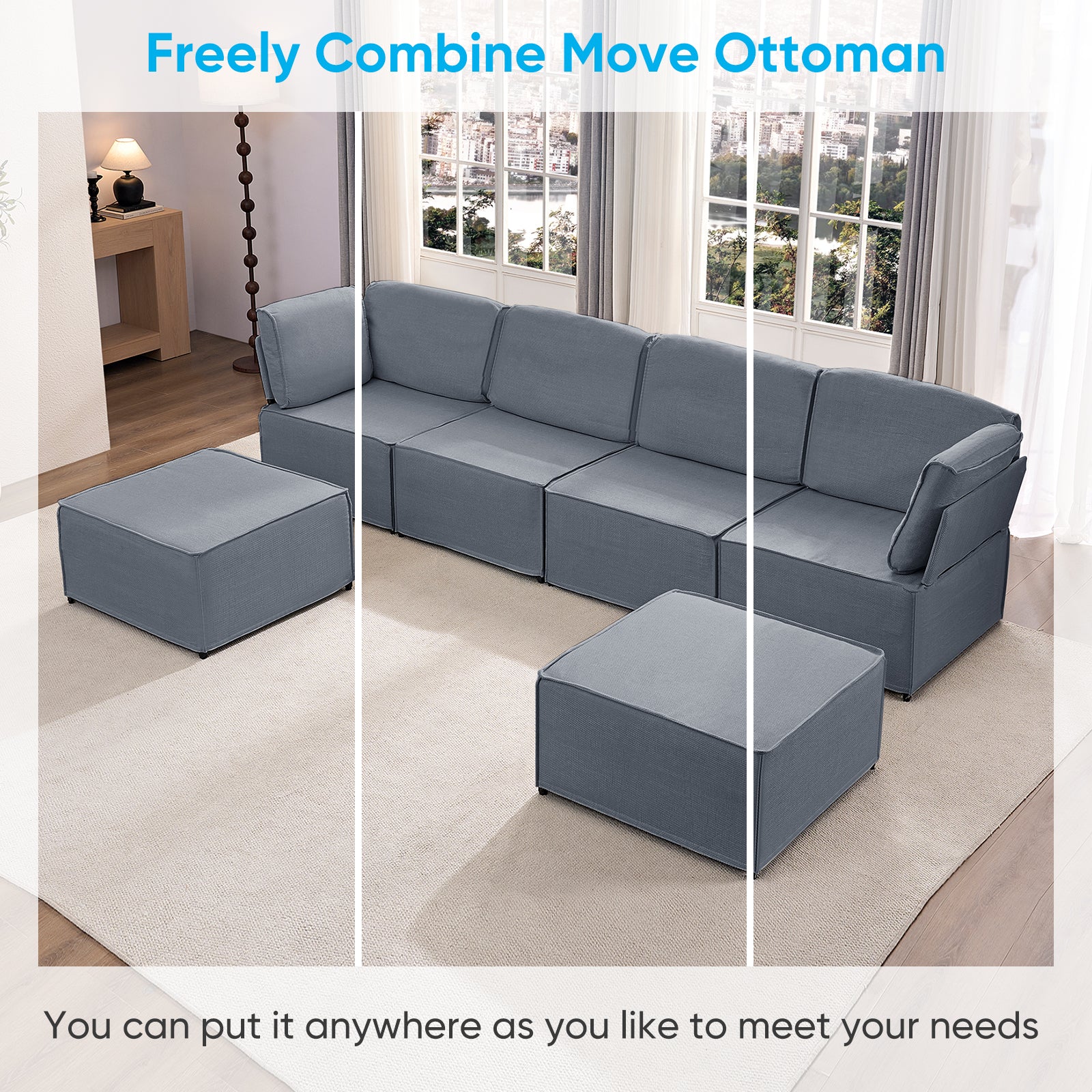 Puremind Modular Sectional Sofa with Movable Ottoman, Convertible U Shaped Couch, Linen 6 Seater Free Combination Sleeper Sofa for Living Room