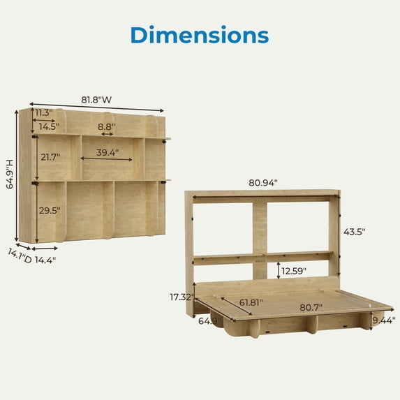 Mjkone Murphy Wall Bed Queen Size,Wall Bed with Shelves,Multifunctional Murphy Bed for Small Space/Bedroom/Guest Room
