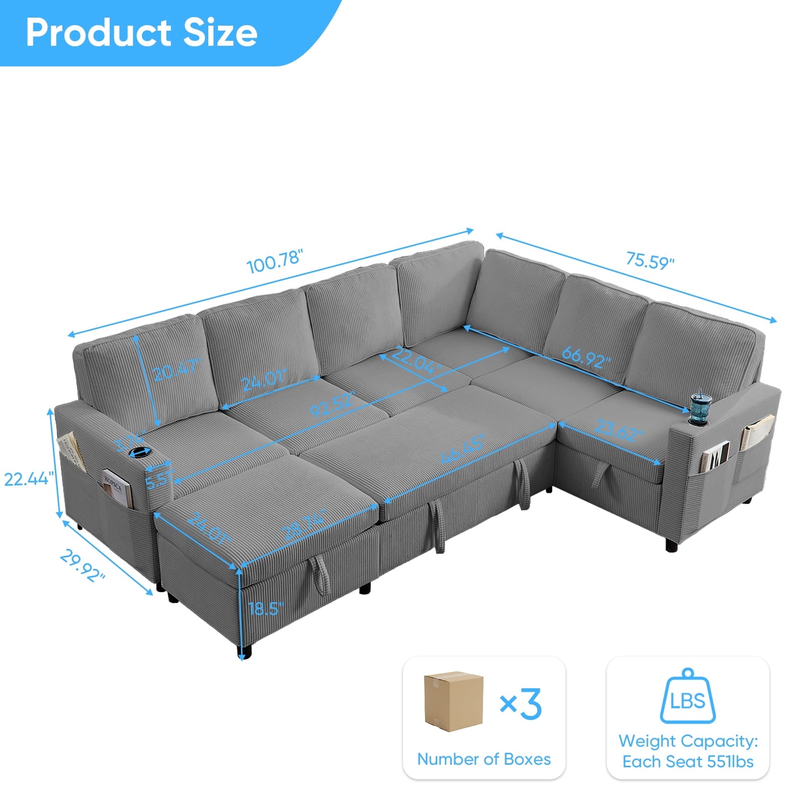 Mjkone Sectional Sleeper Sofa with Pull Out Bed,L-Shaped Sectional Sofa with Storage,Plush Corduroy Sectional Couches for Living Room,