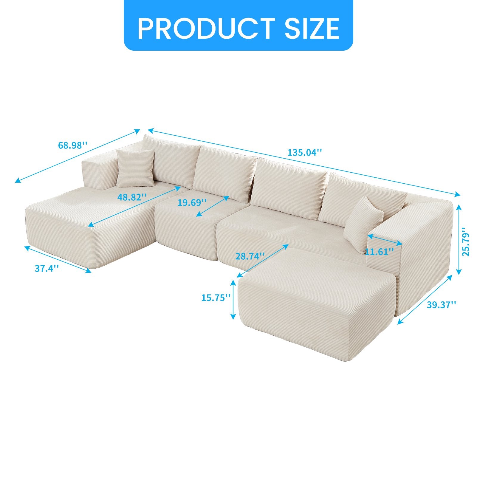 Puremind 135" Oversized Modular Sectional Sofa, U/L Shaped Couch, Foam Filled Cloud Couch, Convertible Sofa Bed for Living Room, No Assembly Required,