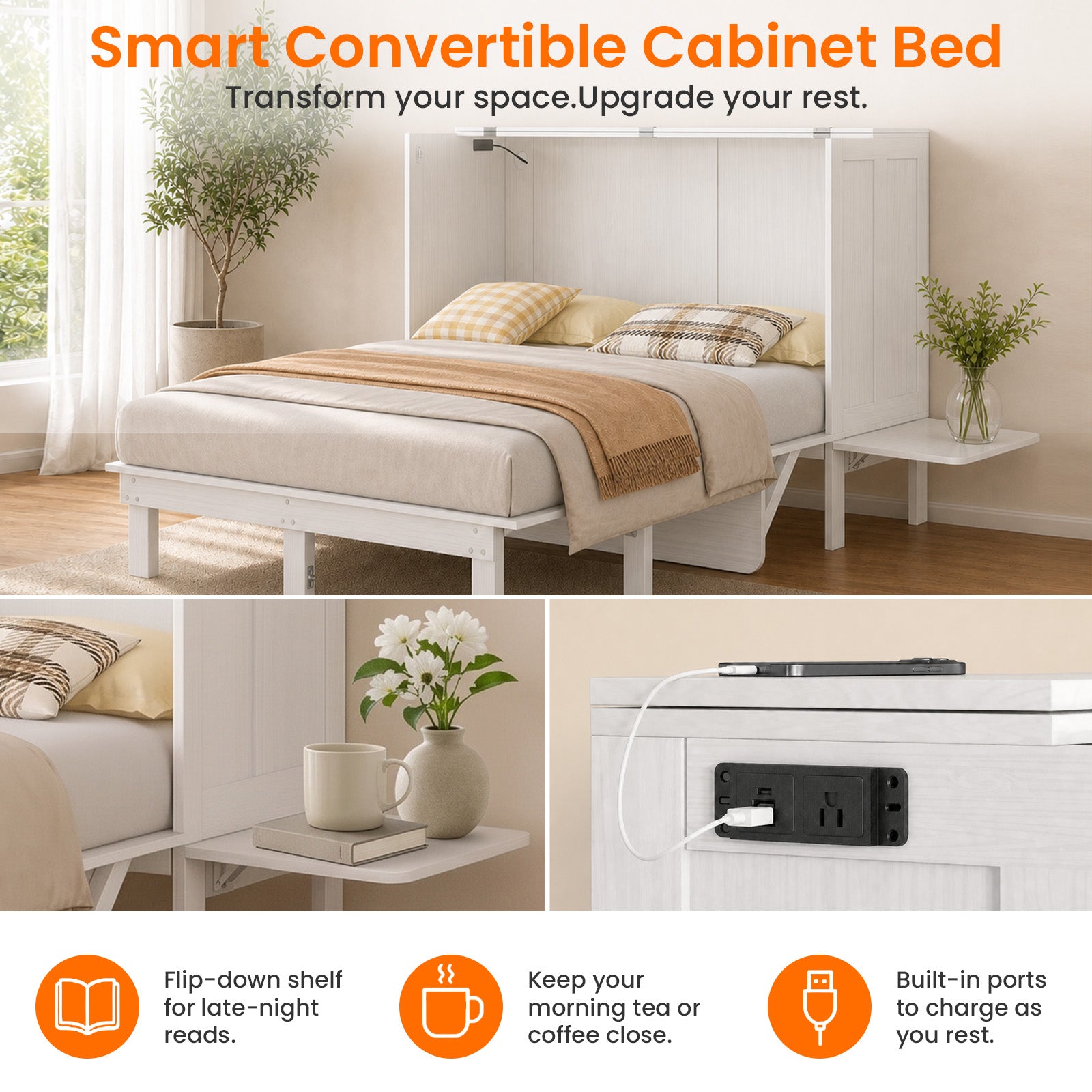 Puremind Murphy Bed with Mattress & Desk, Hideaway Wall Bed with Charging Port, Folding Cabinet Bed for Home/Small Space