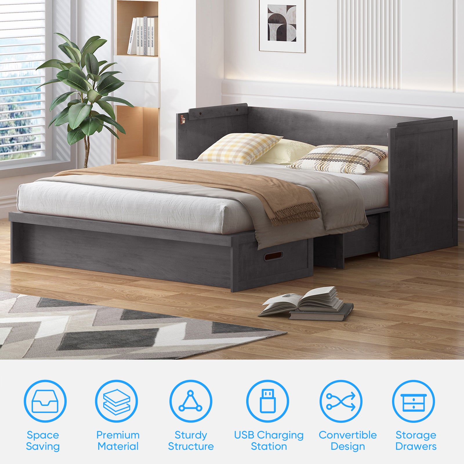 Puremind Queen Size Murphy Bed with Mattress Included, Cabinet Bed with USB Charging Ports and Drawer for Guest Room/Home/Office