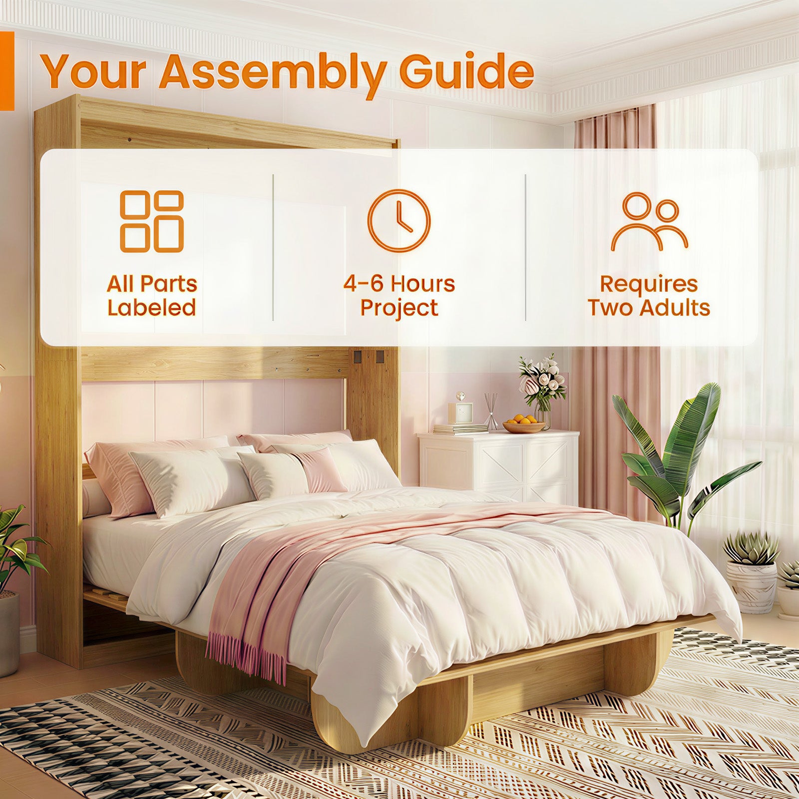 Puremind Queen Size Murphy Bed, Wood Foldable Wall Bed Frame, Storage Cabinet Bed for Bedroom/Office, Space-Saving, No Box Spring Needed