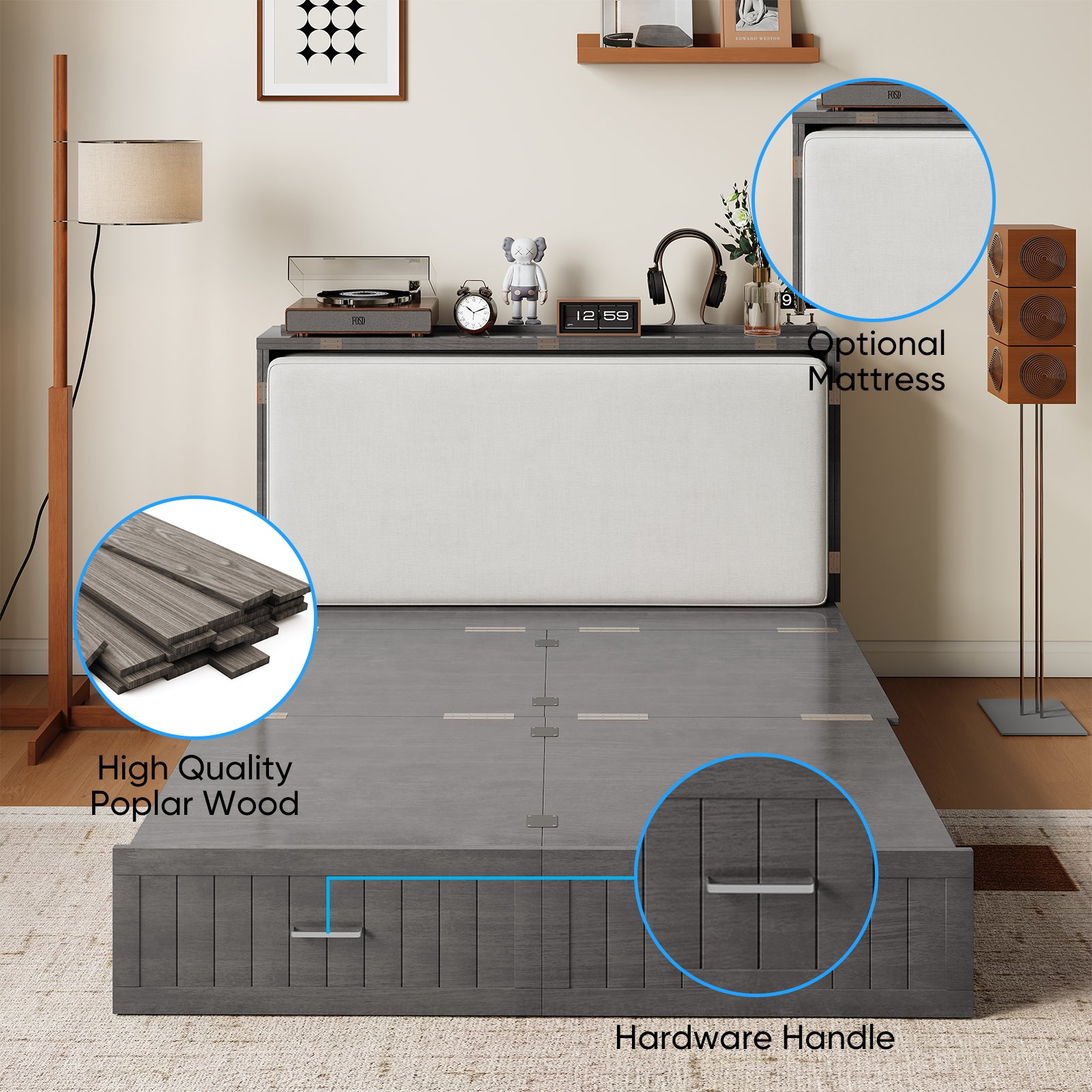 Puremind Solid Wood Murphy Bed, Queen Size Cabinet Bed with Charging Port and Storage Drawer for Guest Room/Home/Office