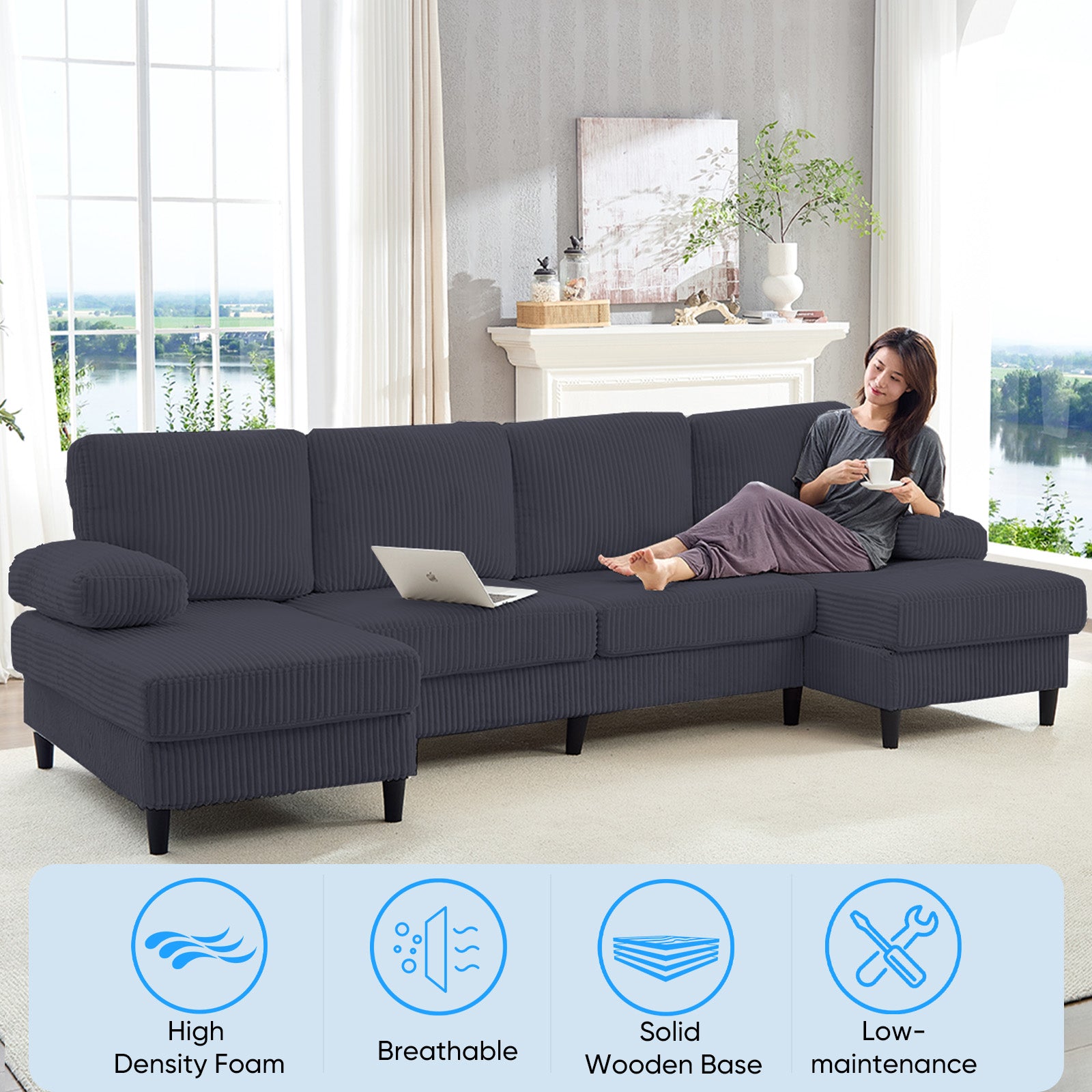 Puremind 110" U Shaped Sofa, Modern Sectional Couch for Living Room/Apartment, Plush Corduroy Sofa
