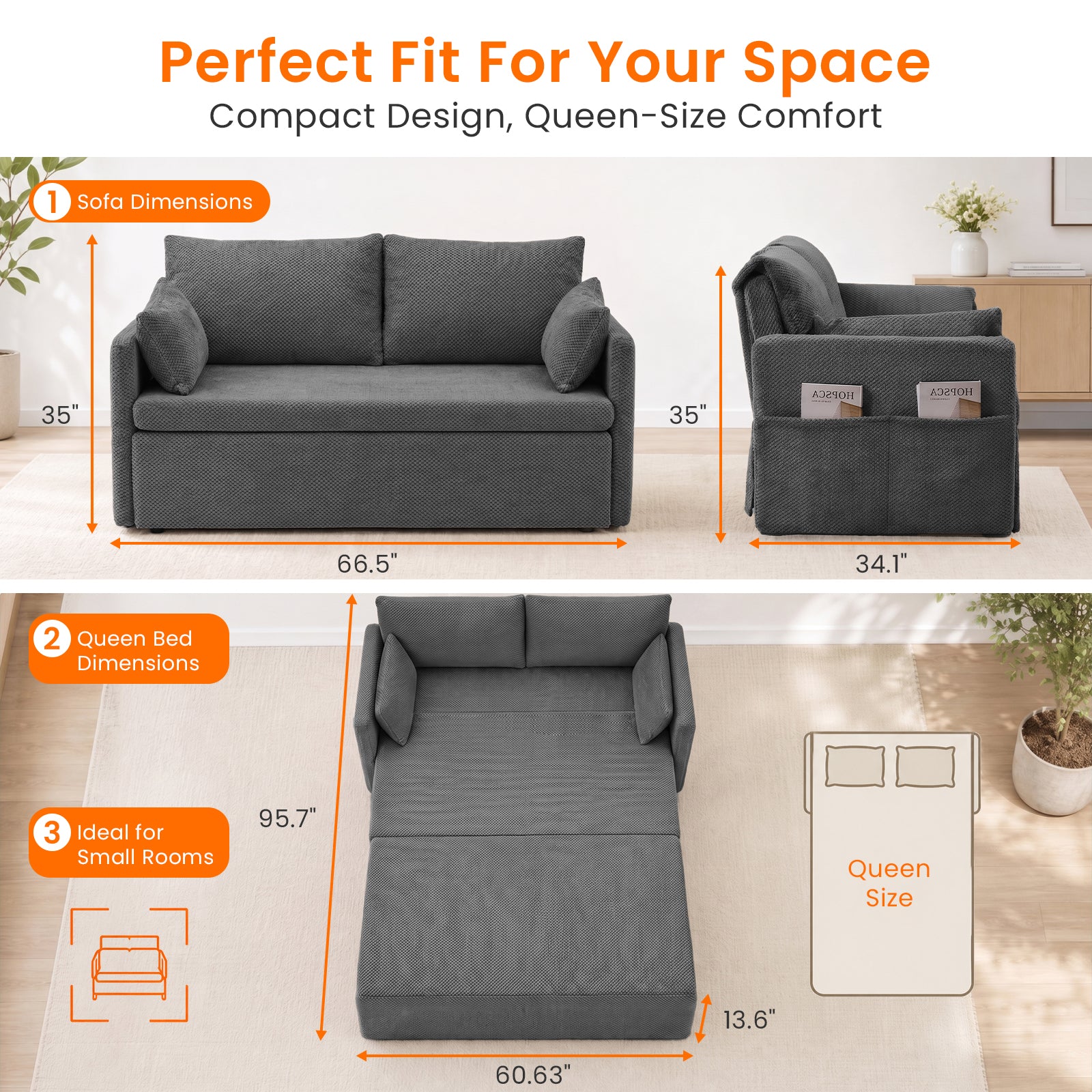 Puremind 66.5" Queen Pull Out Couch Bed with Adjustable Backrest, Bubble Fleece Convertible Sofa Bed with Side Pockets for Living Room/Apartment