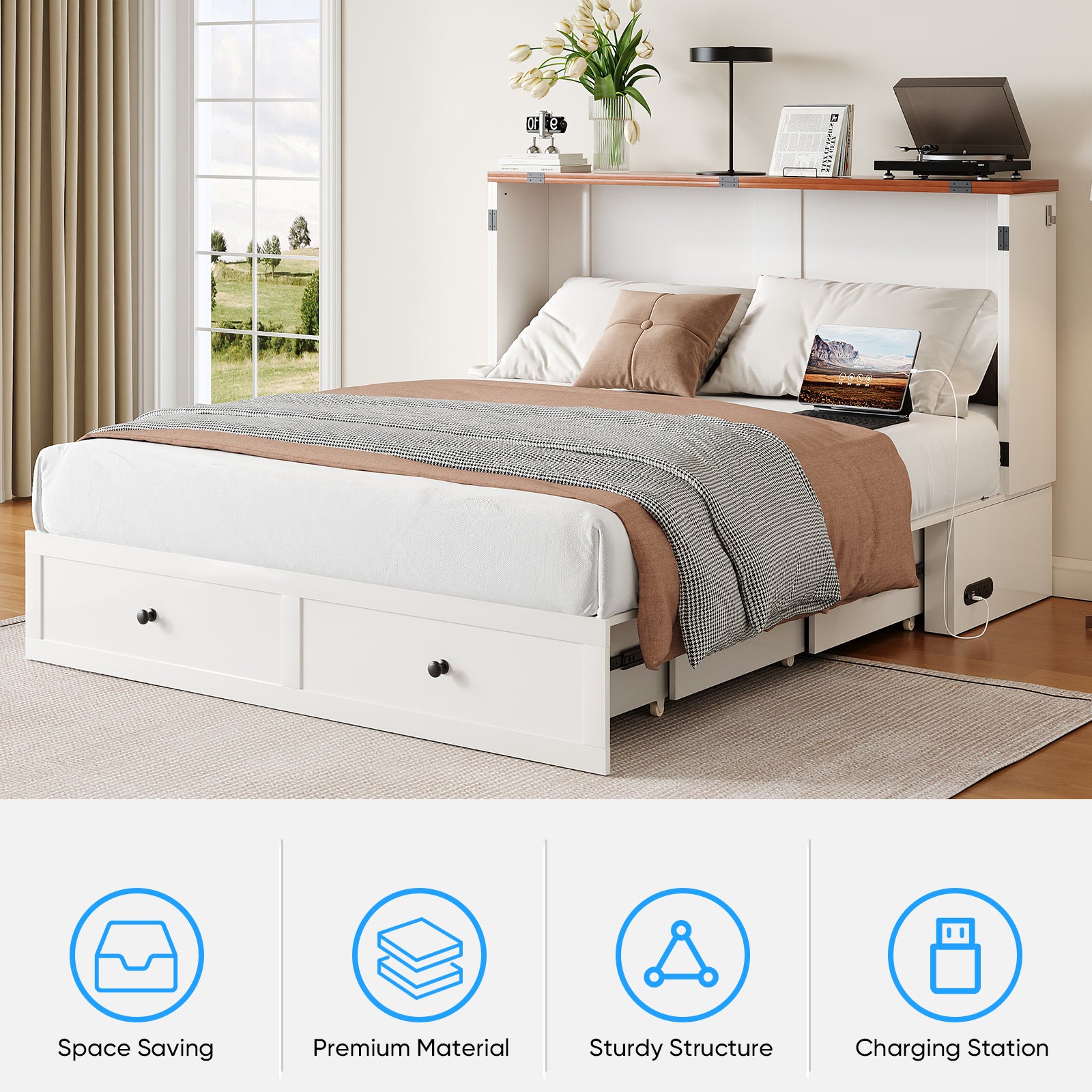 Puremind Queen Size Murphy Bed with Mattress, Murphy Cube Cabinet Bed with USB Charging Station and Large Storage Drawer, Murphy Chest Bed for Guest Room/Home/Office