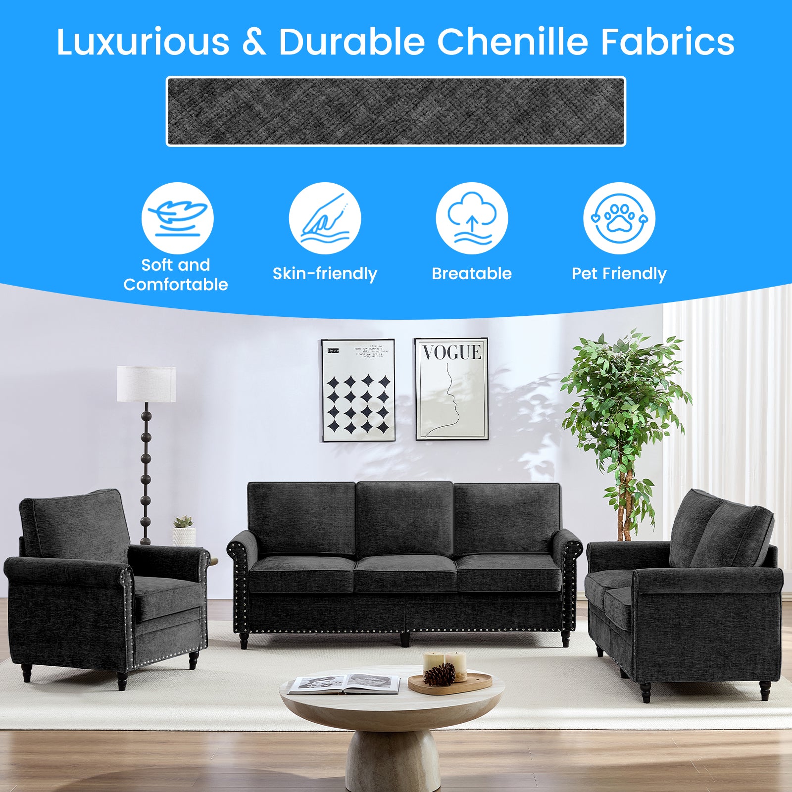 Puremind Living Room Furniture Sets, 3 Piece Sofa Set, Chenille Sectional Couches for Living Room/Apartment, Include Sofa, Loveseat and Armchair