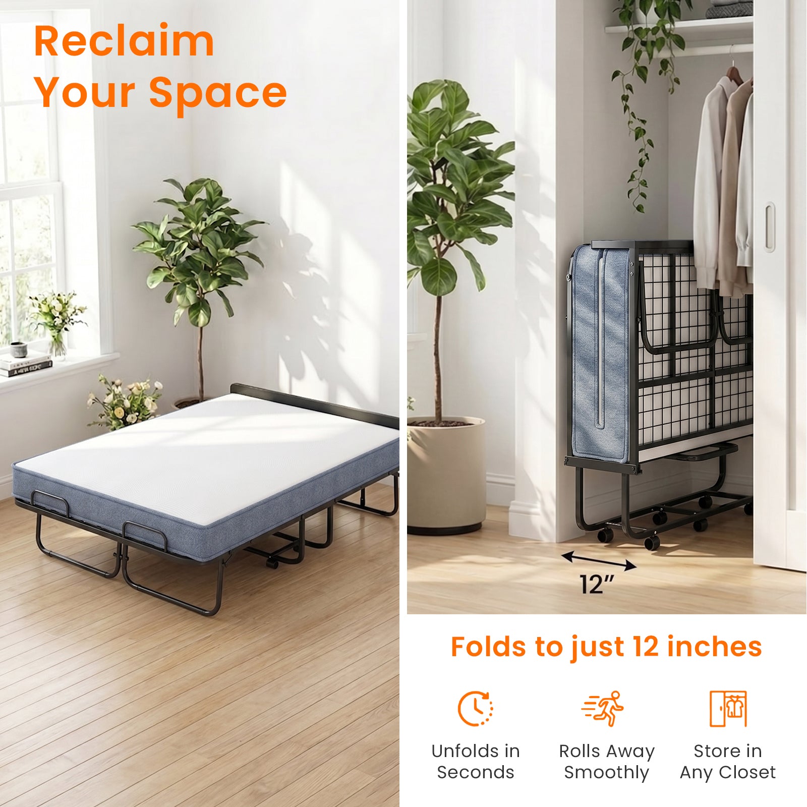 PUREMIND Full Size Folding Bed, 75"X 54" Rollaway Bed with 5 Inch Mattress for Adults, Extra Large Portable Foldable Bed with Headboard