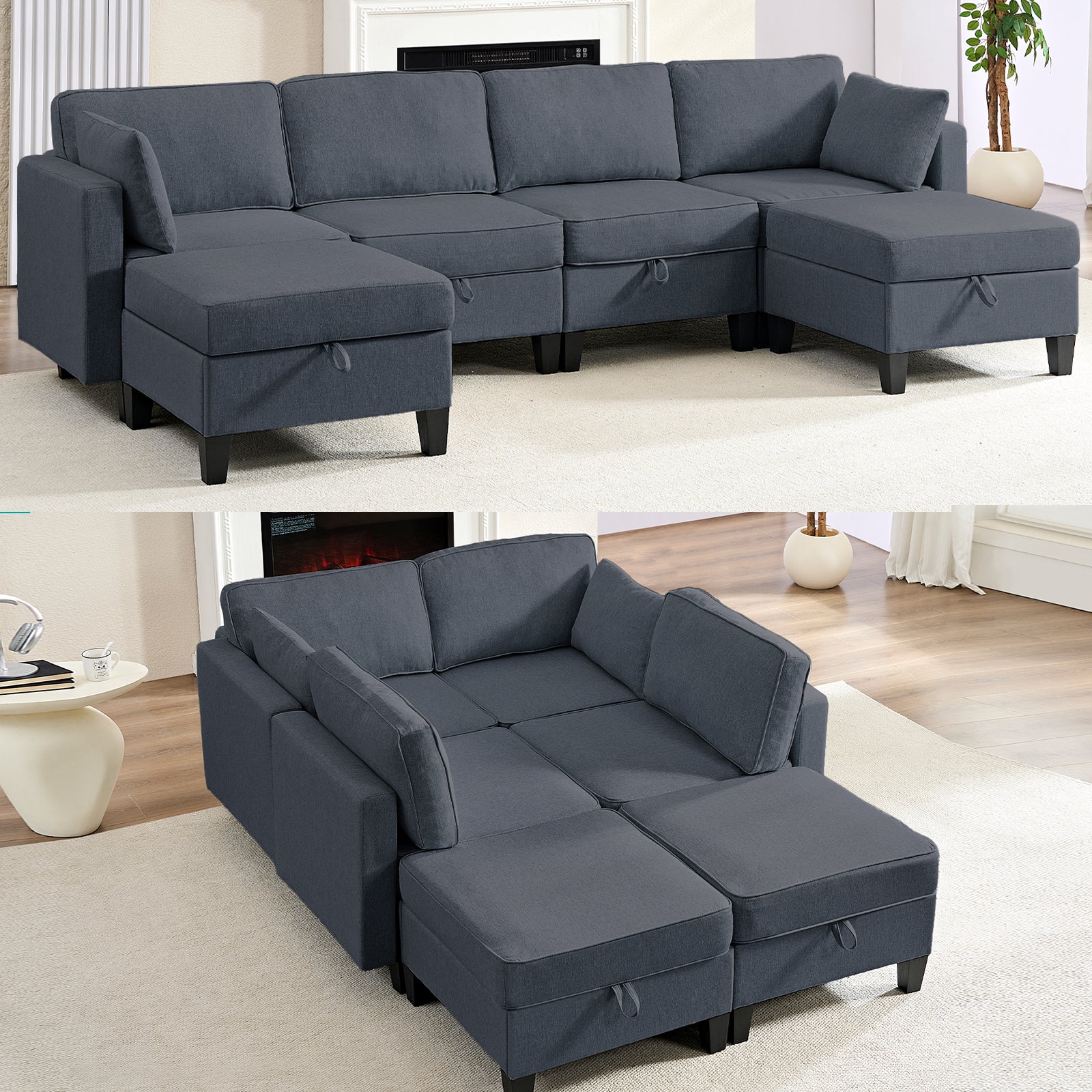 Puremind 6 Piece Modular Sectional Sofa with Storage, U/L Shaped Sectional Couch with Movable Ottoman, Convertible Sleeper Sofa for Living Room/Apartment