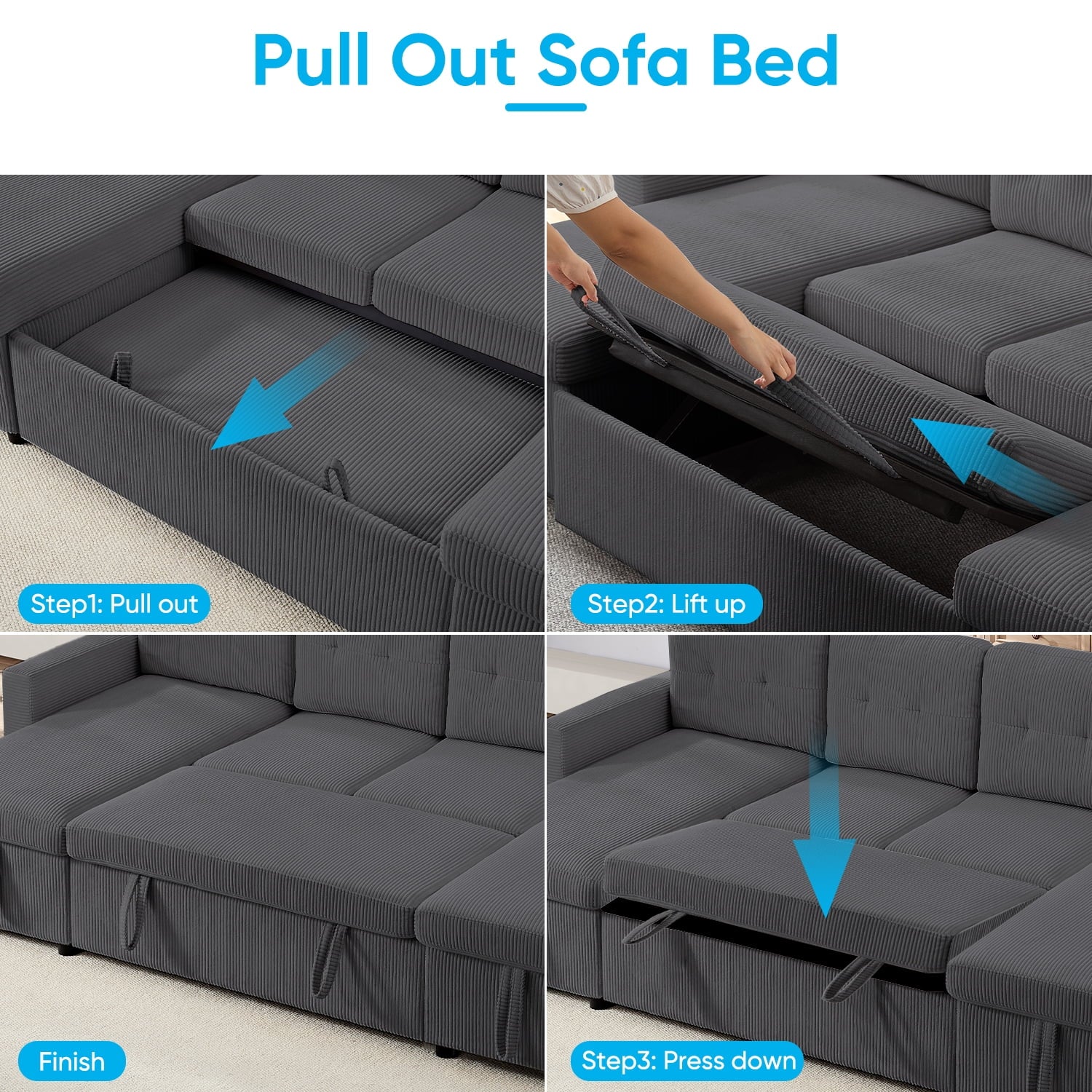 ZAFLY Sectional Sleeper Sofa Bed, 4 Seat Pull Out Couch with Storage, Modern Convertible U Shaped Sofas for Living Room