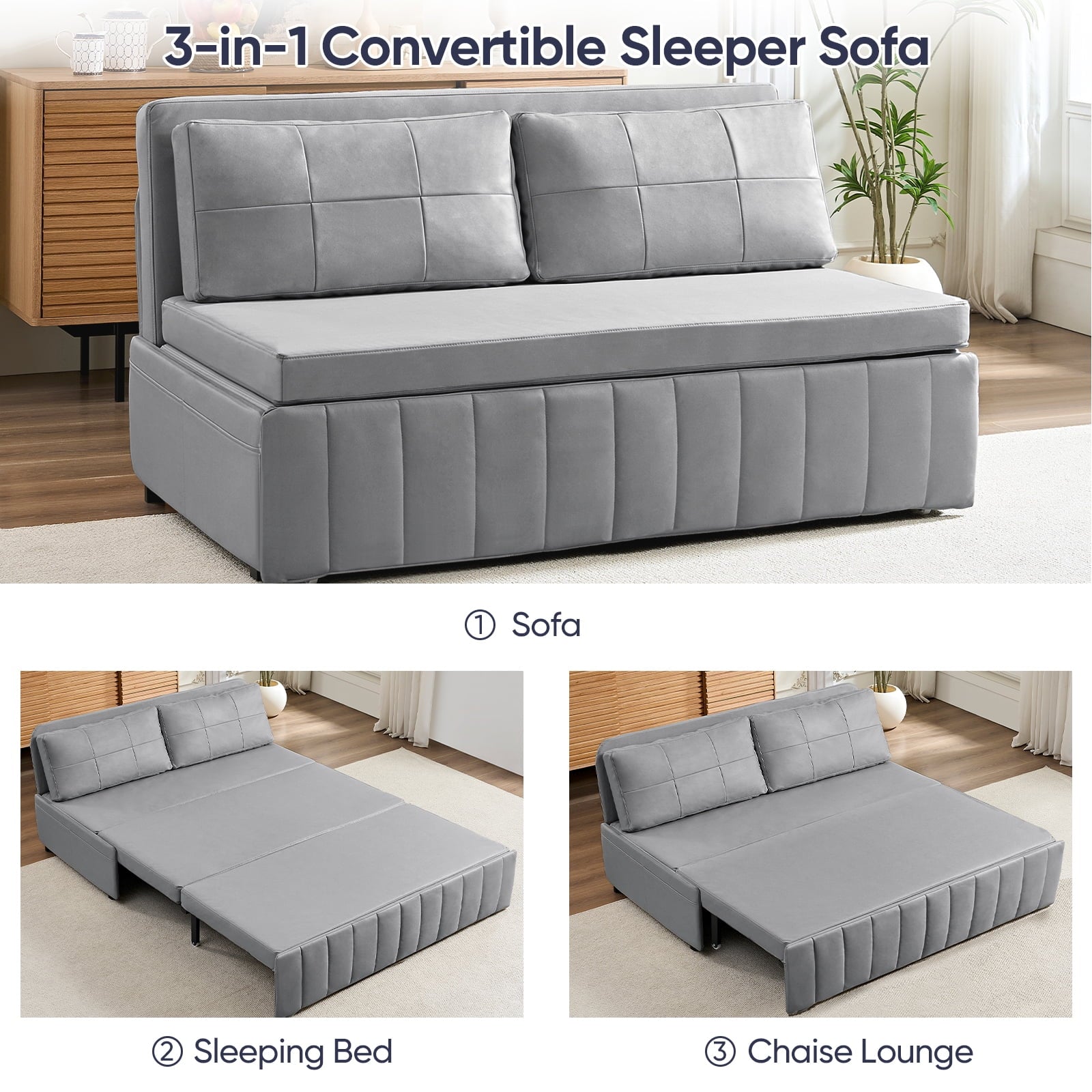 Mjkone 62’’ Leathaire Pull Out Sofa Bed, Loveseat Convertible Sleeper Sofa for Small Living Room/Apartment,
