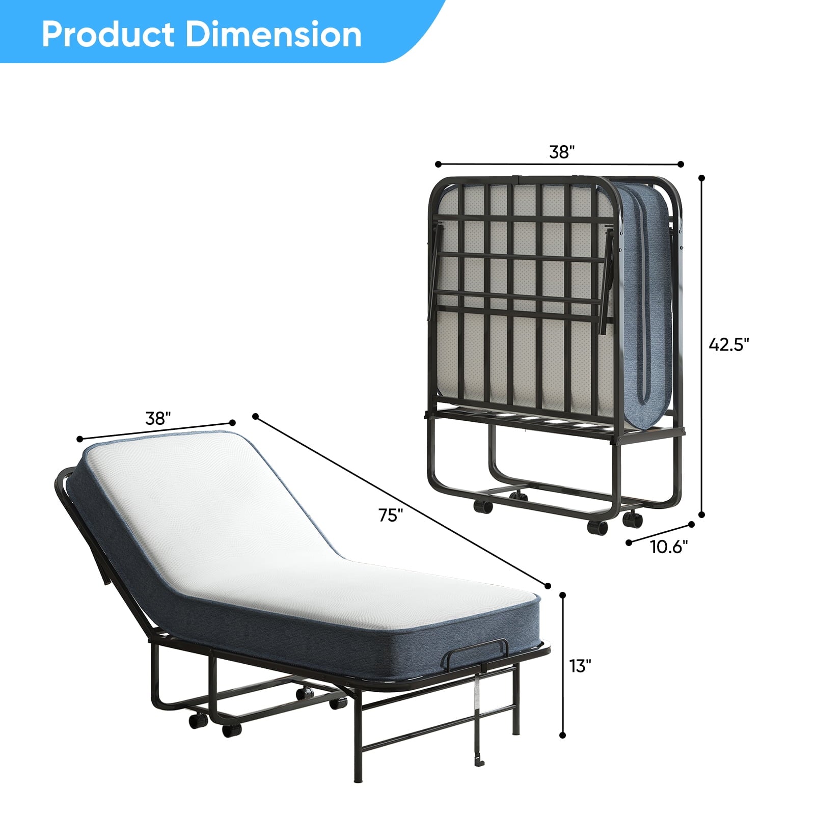 Mjkone Folding Bed with Mattress, Rollaway Fold Up Bed for Small Space, Foldable Bed with Lockable Wheels