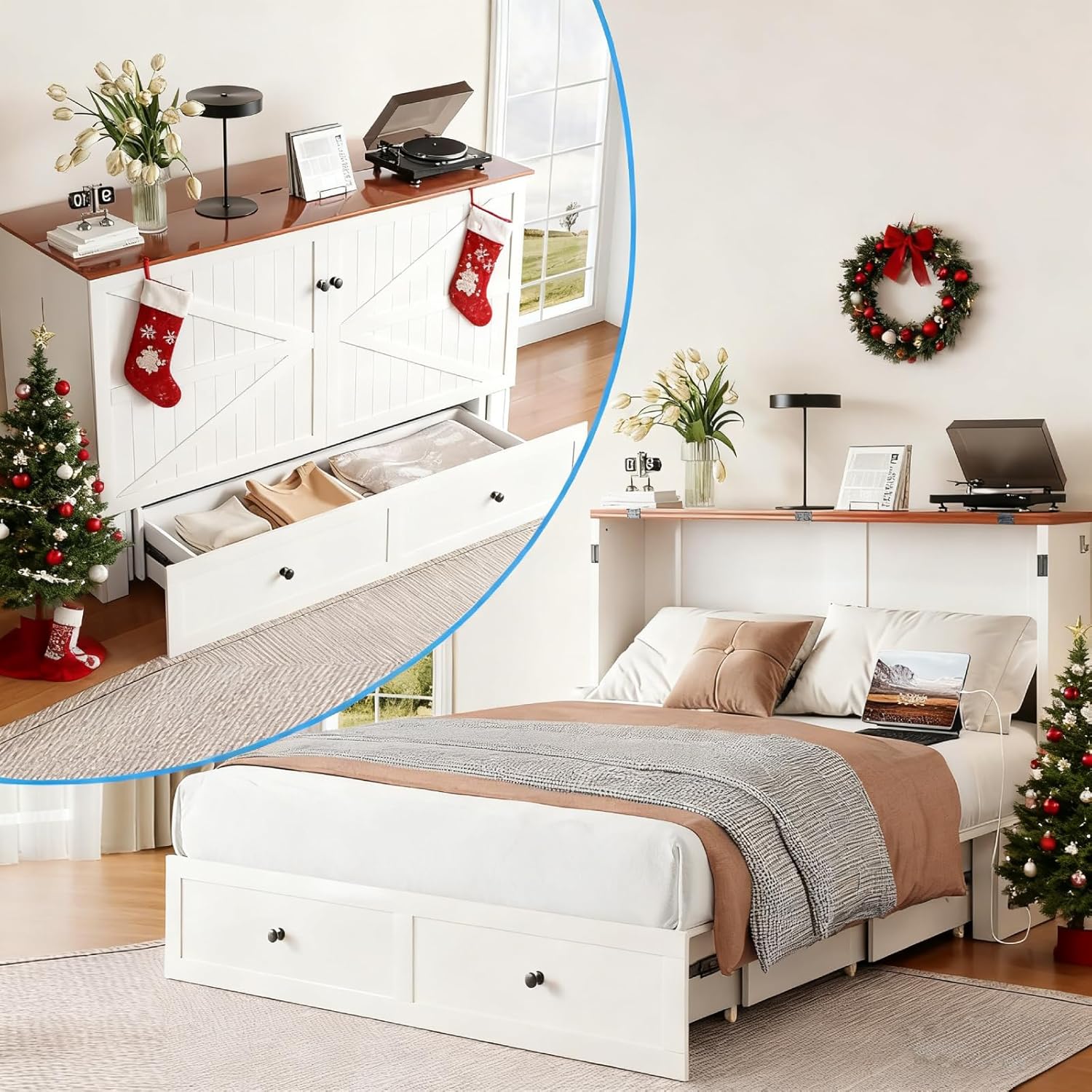 Puremind Queen Size Murphy Bed with Mattress, Murphy Cube Cabinet Bed with USB Charging Station and Large Storage Drawer, Murphy Chest Bed for Guest Room/Home/Office