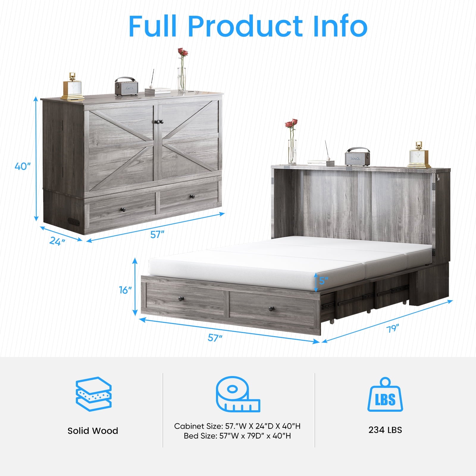 Mjkone Murphy Chest Bed,Full Size Cabinet Bed with Storage Drawers and USB Charging Station,Folding Chest Bed with Mattress for Living Room/Bedroom,