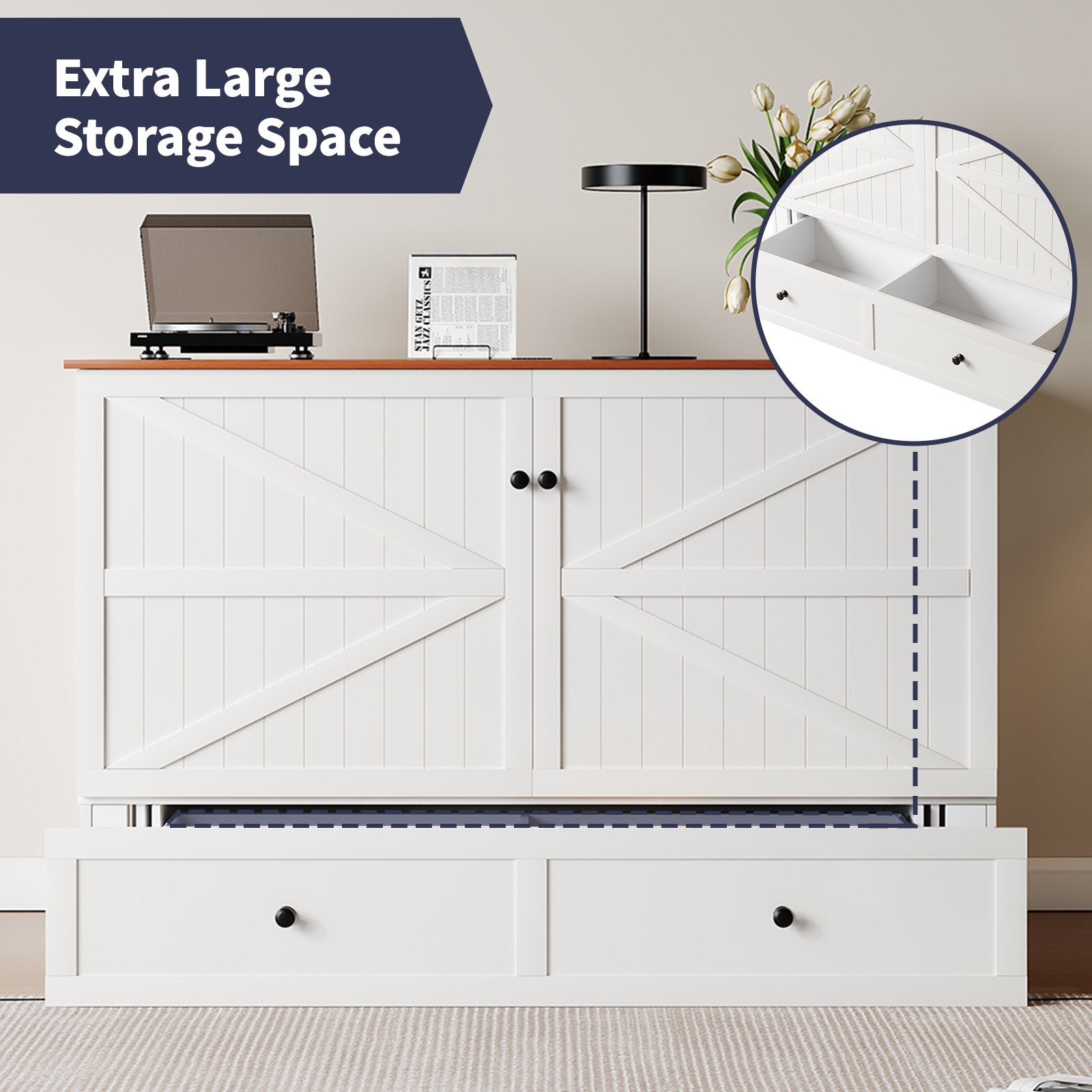 ZAFLY Murphy Bed with Trifold Foam Mattress, Cabinet Bed with Charging Station, Queen Size Cabinet Chest Bed with Large Drawers for Living Room/Bedroom