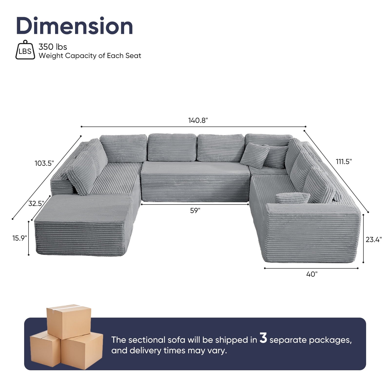 ZAFLY 140" U Shaped Modular Sectional Sofa, Corduroy Cloud Couch with Deep Seat, Oversized Sectionals for Living Room,