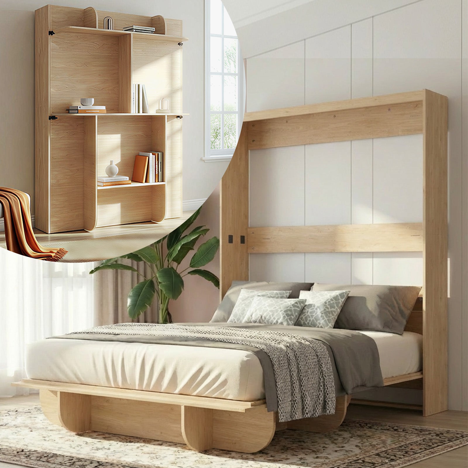 Puremind Queen Size Murphy Bed, Wood Foldable Wall Bed Frame, Storage Cabinet Bed for Bedroom/Office, Space-Saving, No Box Spring Needed