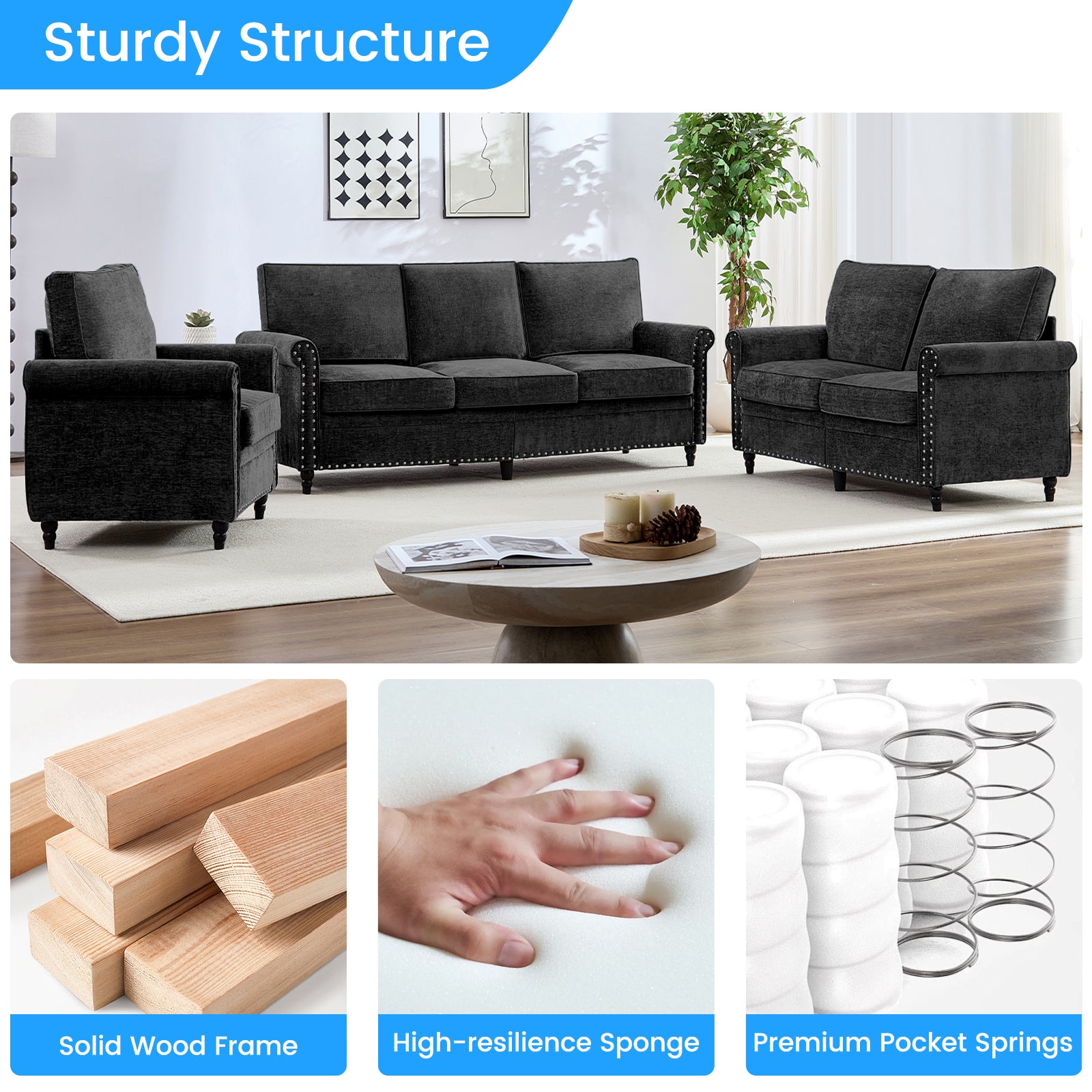 Puremind Living Room Furniture Sets, 3 Piece Sofa Set, Chenille Sectional Couches for Living Room/Apartment, Include Sofa, Loveseat and Armchair