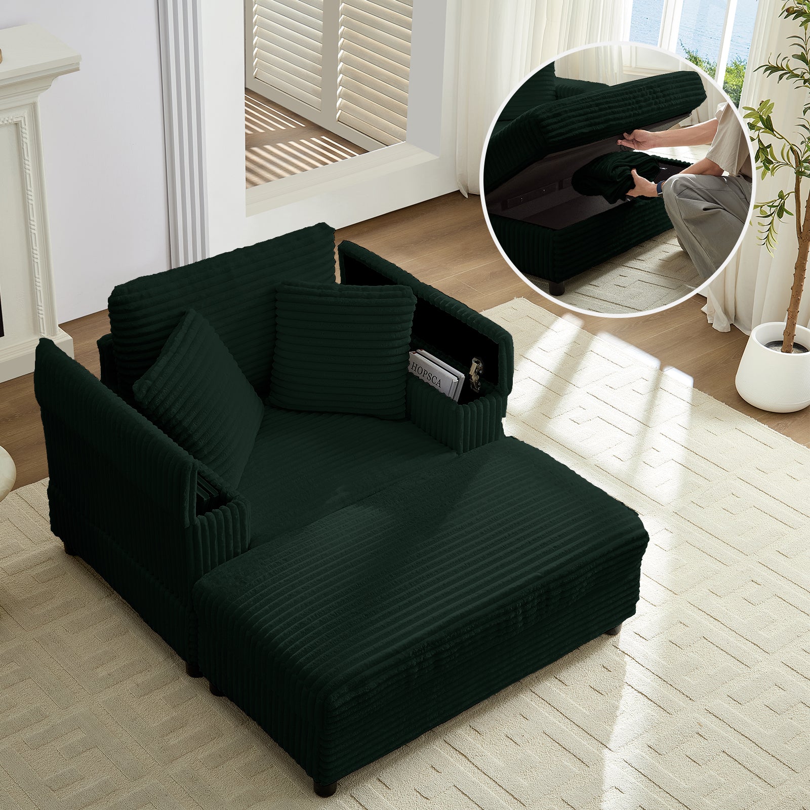 Puremind Chaise Lounge Indoor Furniture, Corduroy Chaise Lounge Chair with Storage Ottoman and Storage Armrests, Fluffy Sofa Couch with Throw Pillows for Living Room/Bedroom