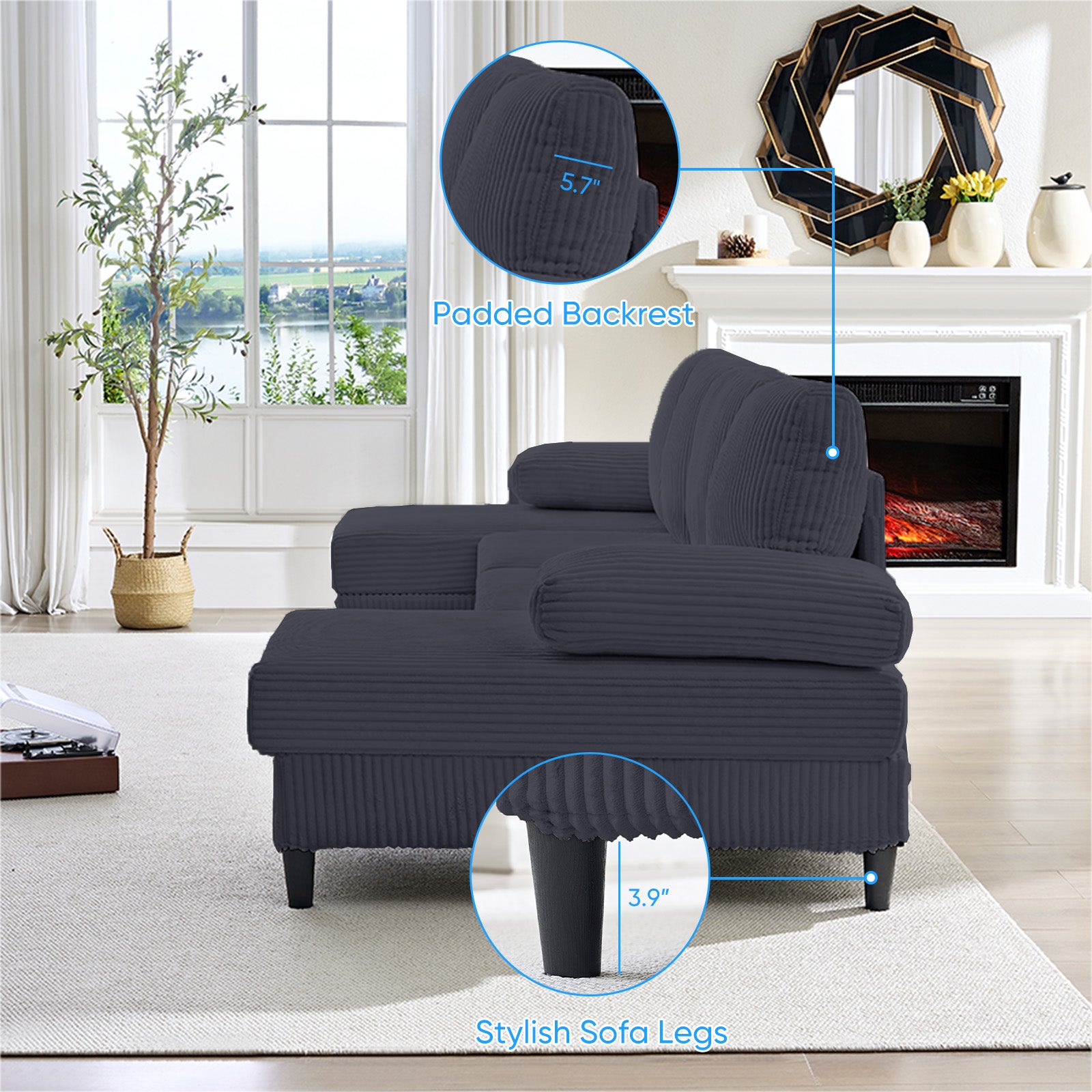Puremind 110" U Shaped Sofa, Modern Sectional Couch for Living Room/Apartment, Plush Corduroy Sofa