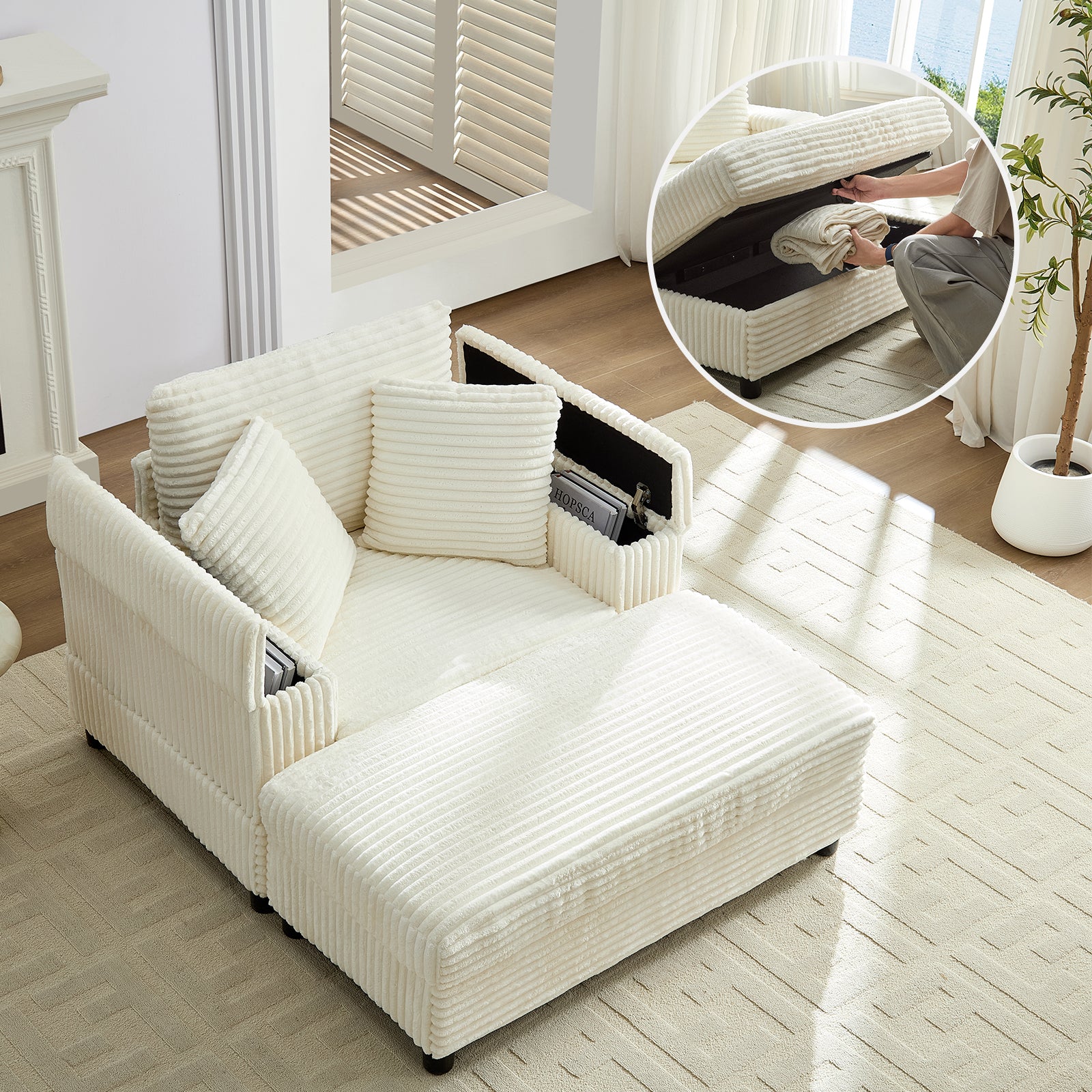 Puremind Chaise Lounge Indoor Furniture, Corduroy Chaise Lounge Chair with Storage Ottoman and Storage Armrests, Fluffy Sofa Couch with Throw Pillows for Living Room/Bedroom