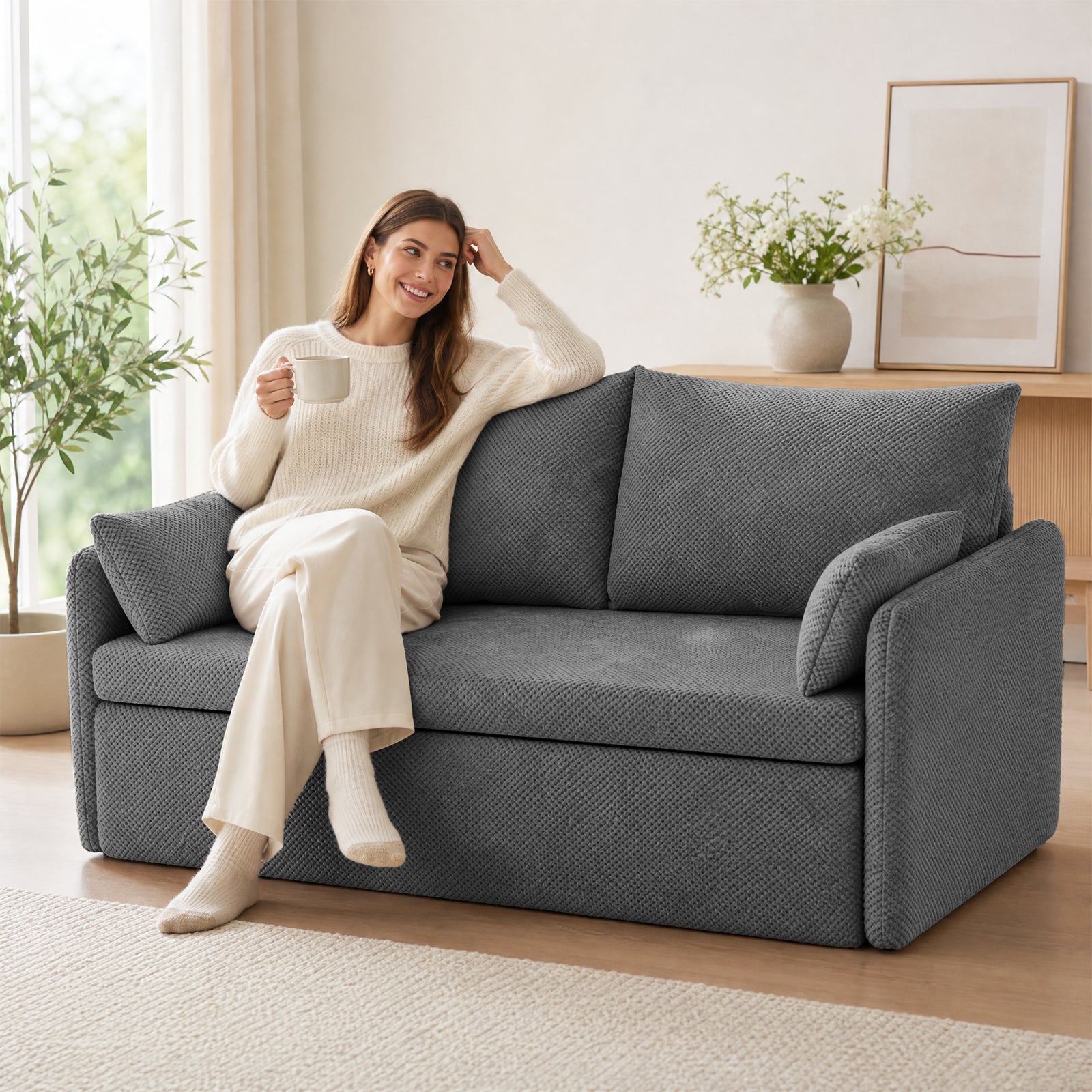 Puremind 66.5" Queen Pull Out Couch Bed with Adjustable Backrest, Bubble Fleece Convertible Sofa Bed with Side Pockets for Living Room/Apartment