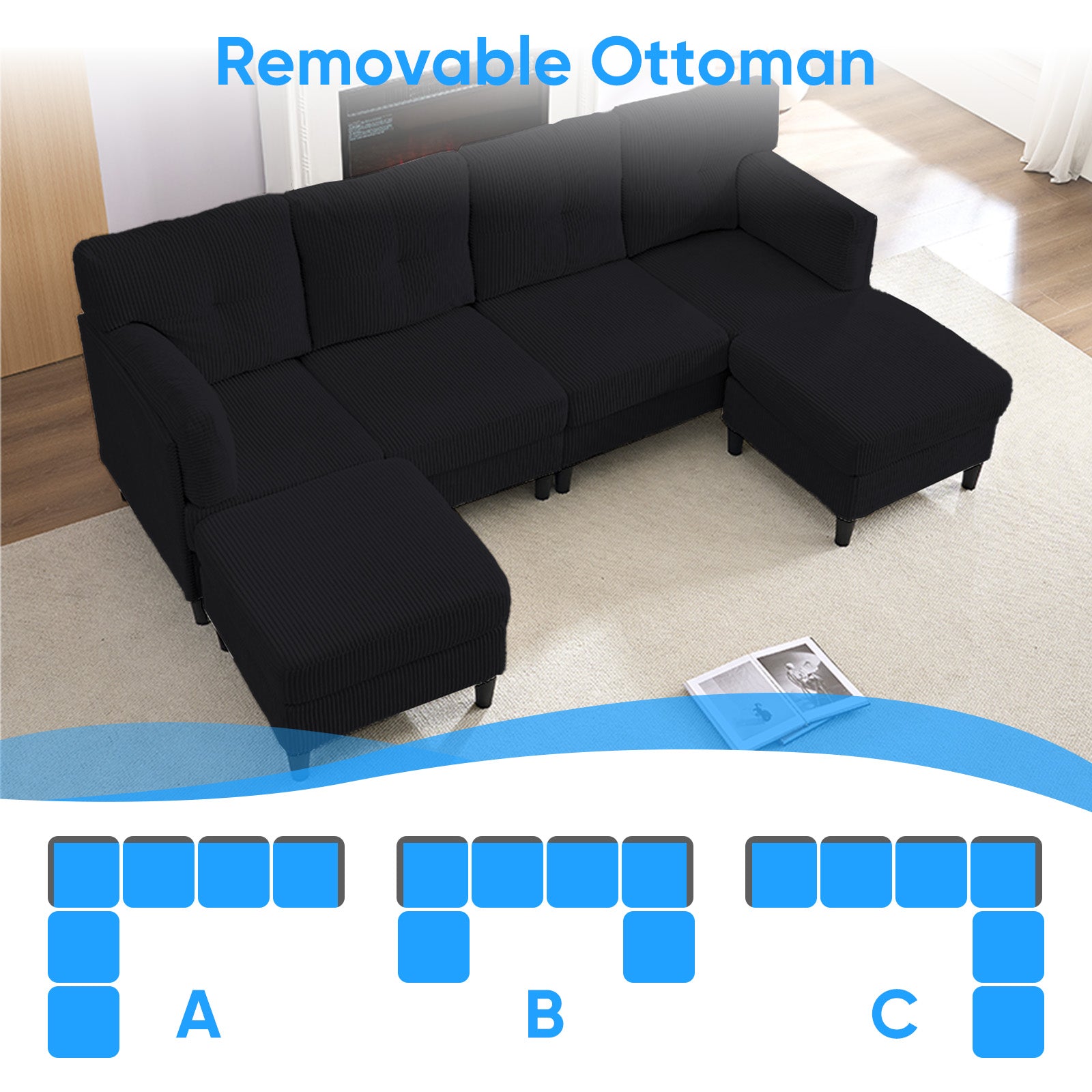Puremind U Shaped Sofa with 2 Movable Ottomans, Corduroy Modular Sectional Couch for Living Room/Apartment