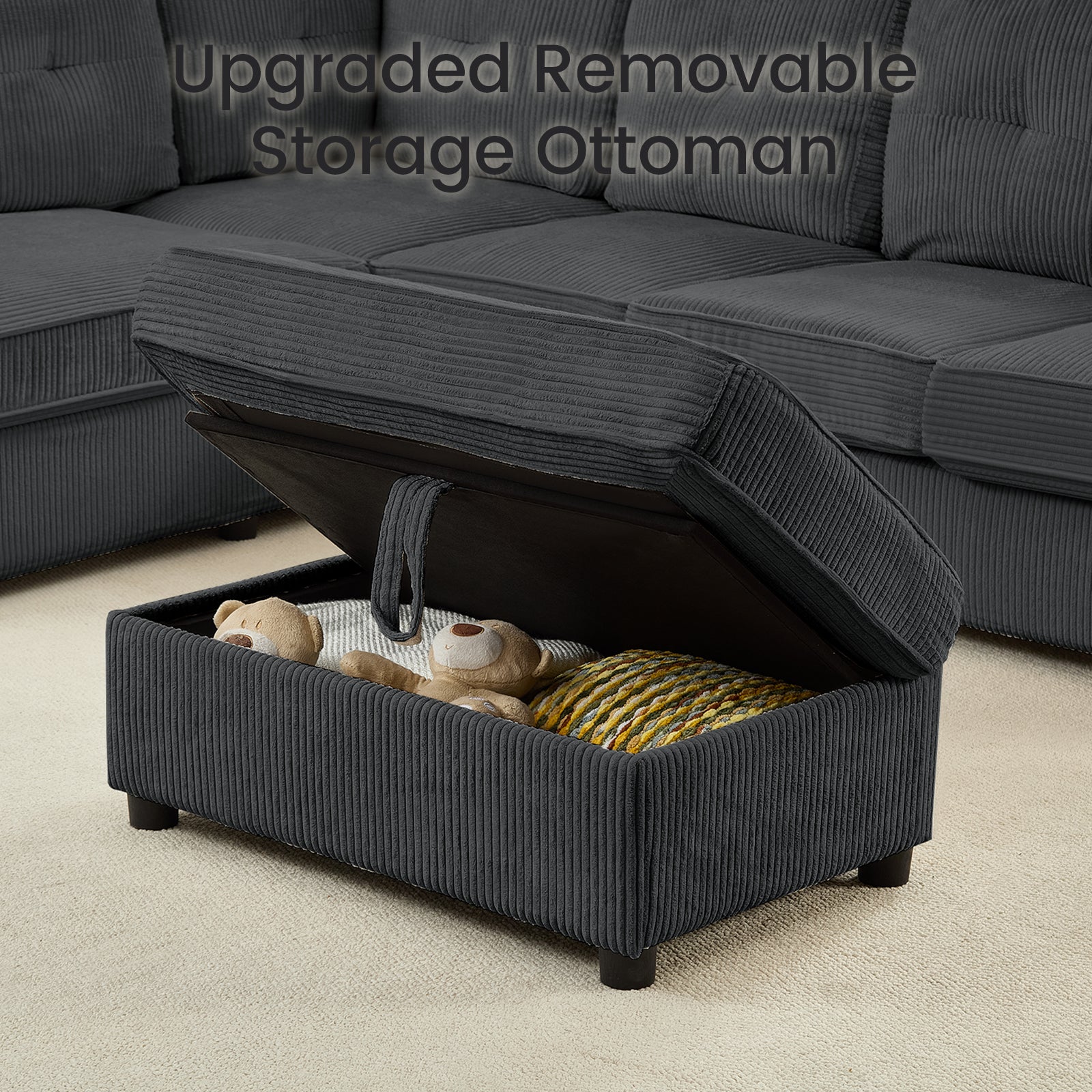 Puremind L Shaped Sectional Couch with Movable Storage Ottoman for Living Room, Corduroy U Shaped Sofa, Convertible Sleeper Sofa with Cup Holder