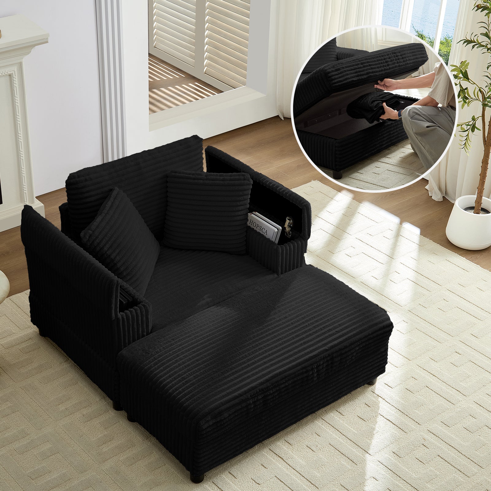 Puremind Chaise Lounge Indoor Furniture, Corduroy Chaise Lounge Chair with Storage Ottoman and Storage Armrests, Fluffy Sofa Couch with Throw Pillows for Living Room/Bedroom