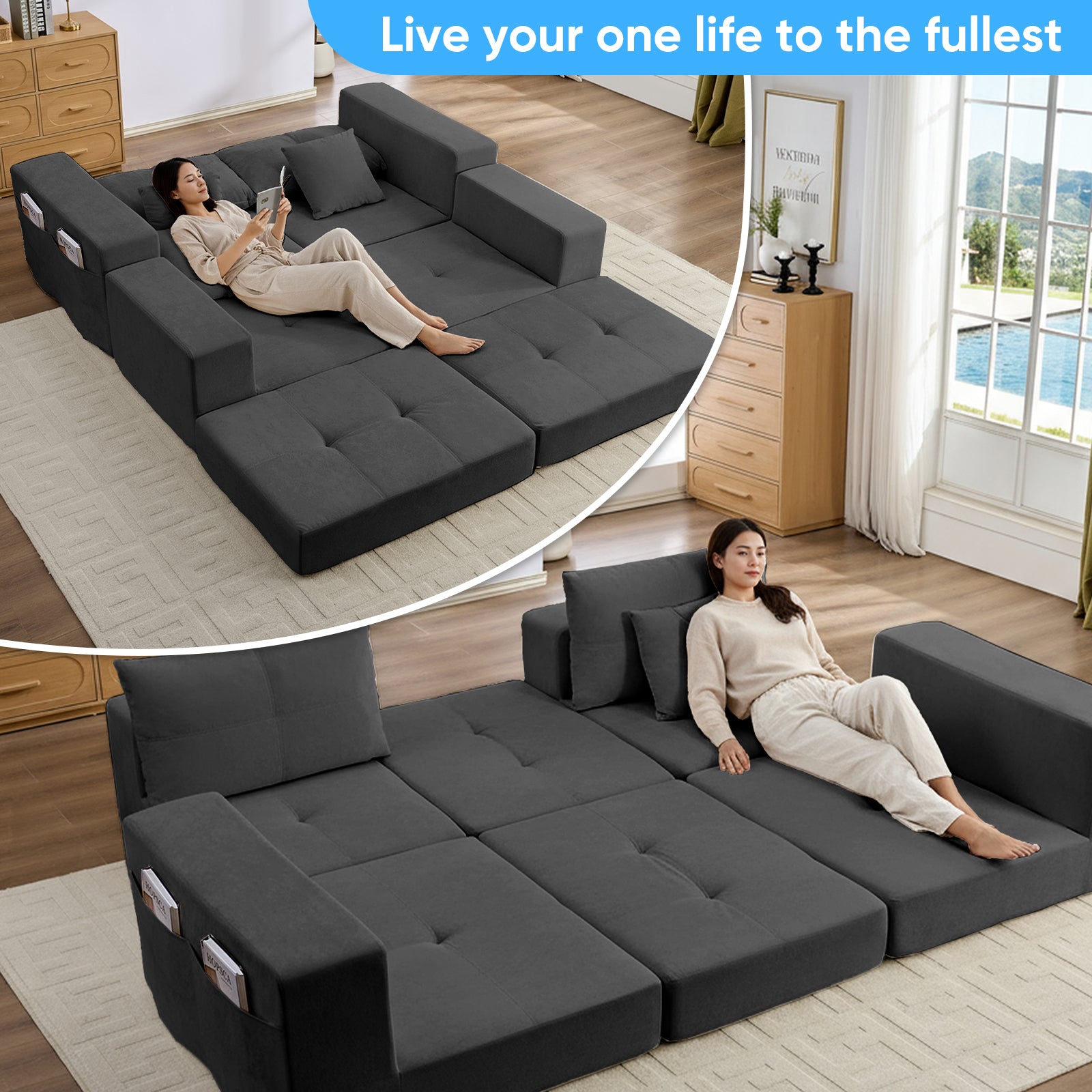 PUREMIND 80.7"W Modular Sectional Sofa, Floor Couch Bed with Side Pockets, Modern Boneless Sofa Sleeper Sofa with L-Shape Chaise, No Assembly Required